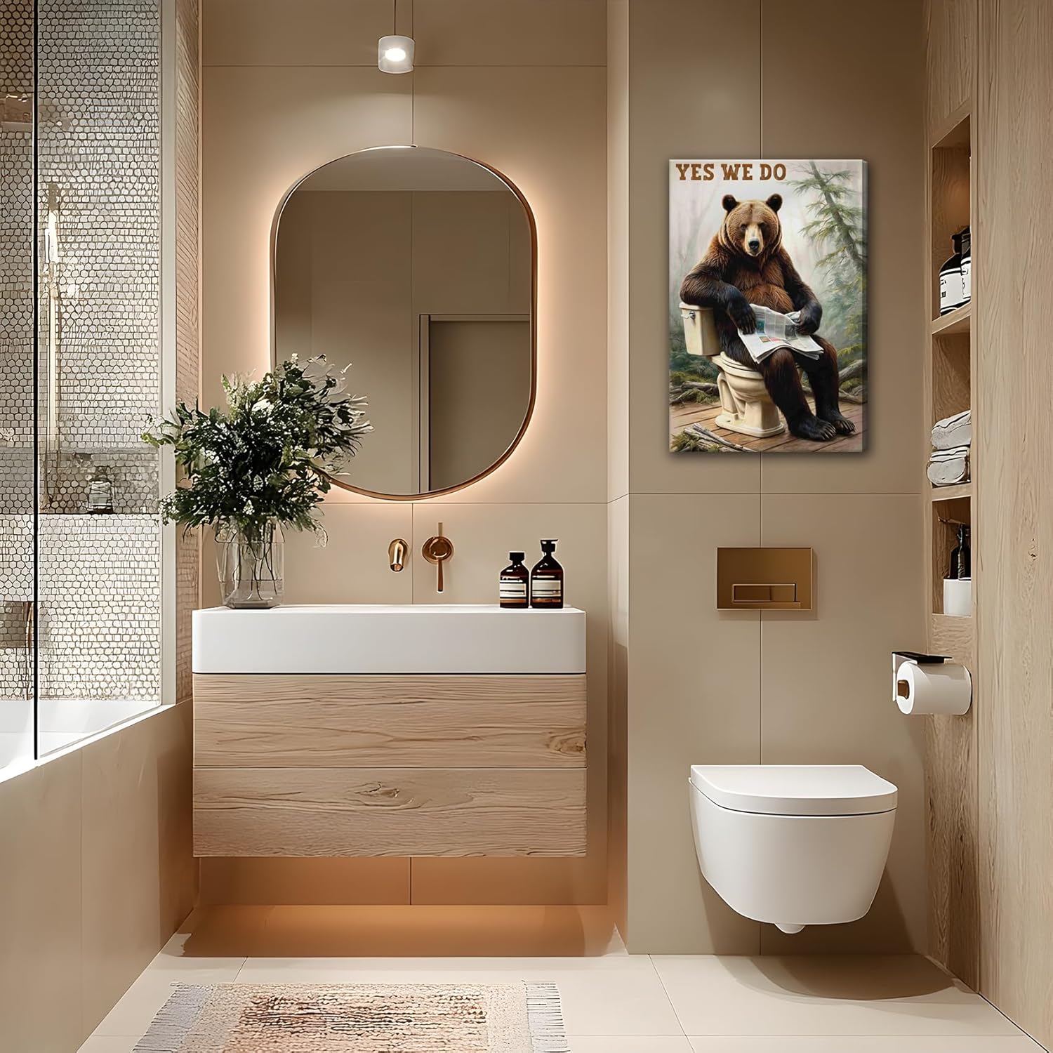 Bear Bathroom Canvas Wall Art Picture Funny Forest Animal Poster Prints Humorous Bear Sitting On The Toilet Painting Wall Decor for Washroom Restroom 16x24in Framed Ready To Hang - Image 7