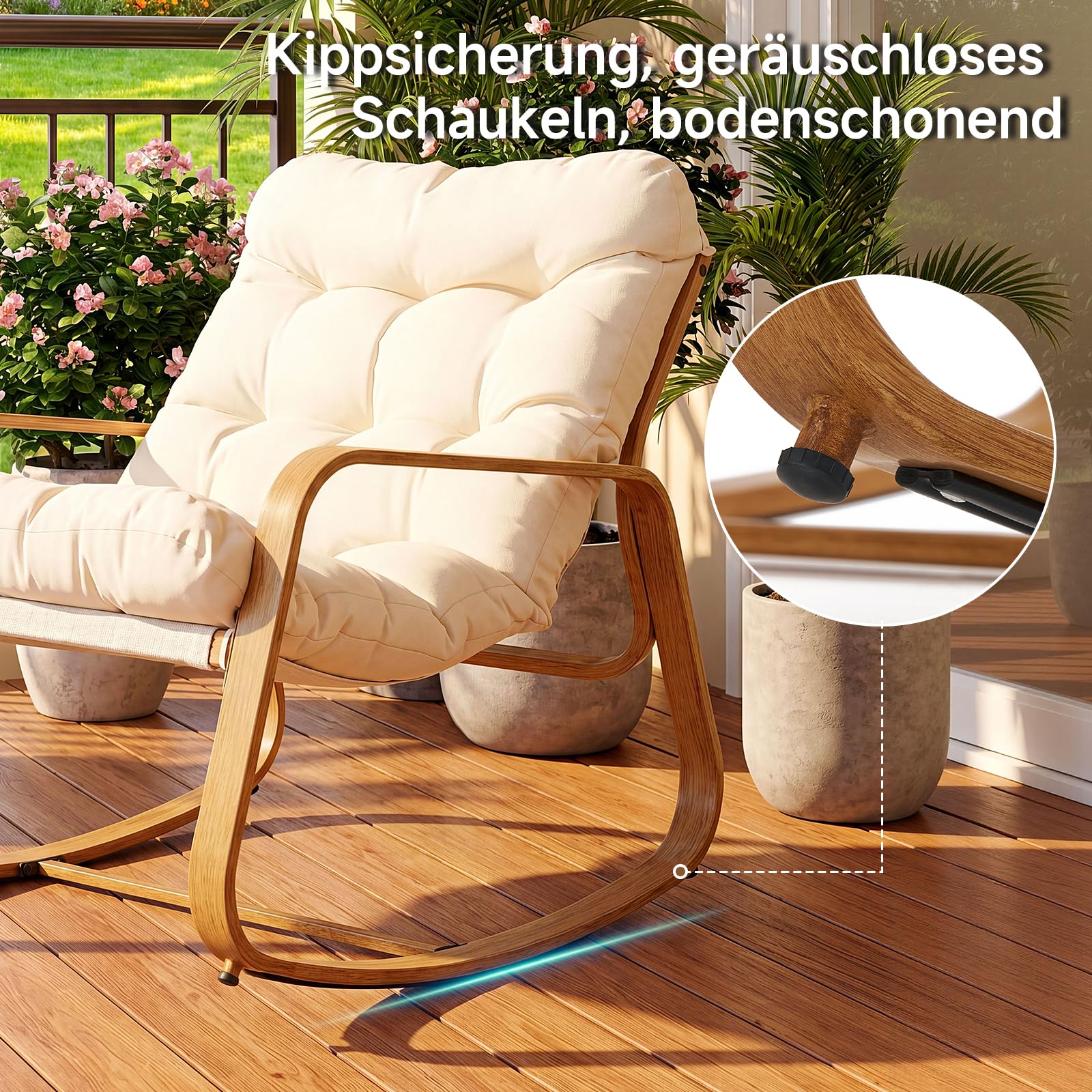 Schaukelstuhl mit dickem Kissen für drinnen und draußen | hochwertiger Papasan-Schaukelstuhl in Holzoptik aus Eisen, gemütlicher Schaukelstuhl für Garten, Balkon, Wohnzimmer und Schla