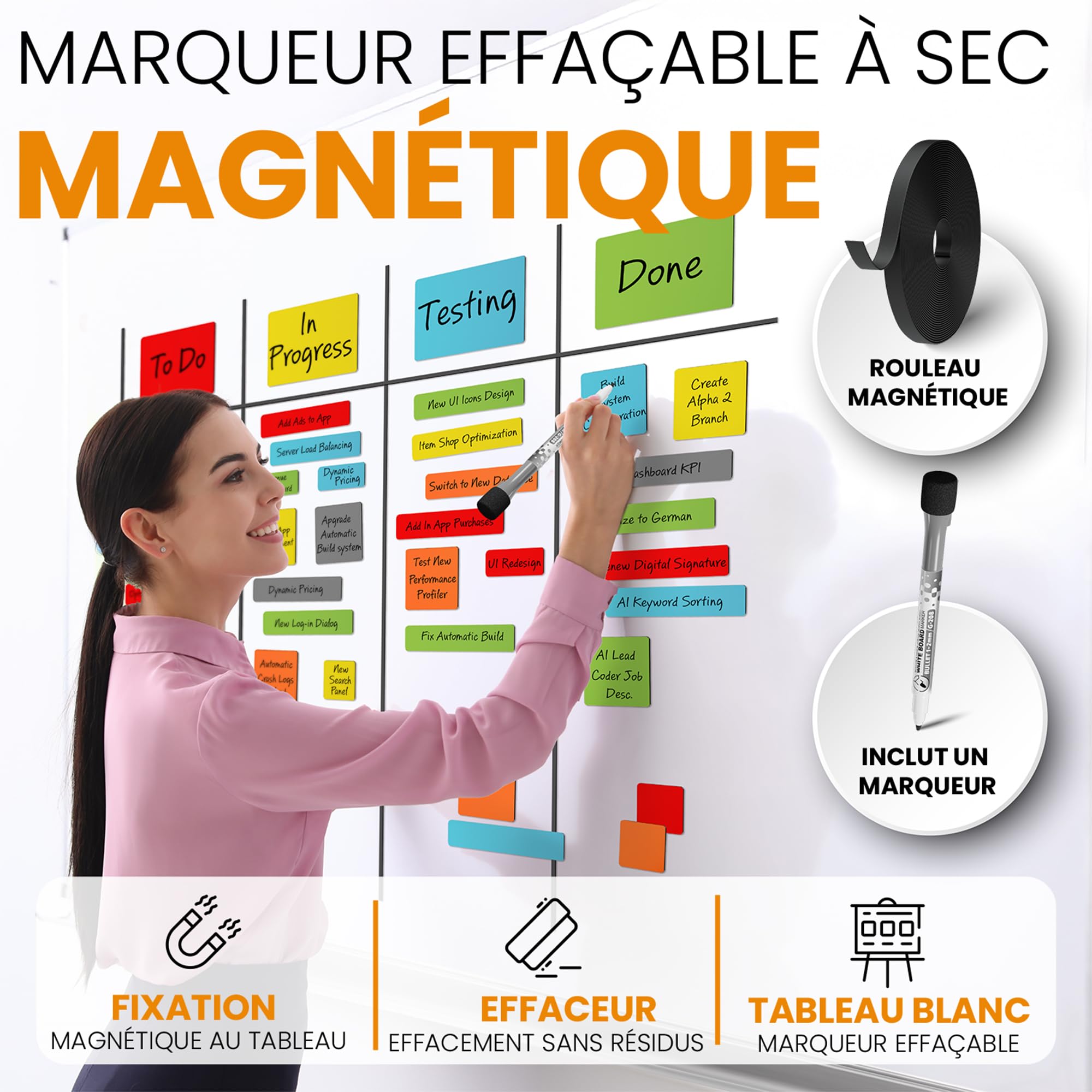 209 Étiquettes Magnétiques Effaçables & Inscriptibles - Scrum - Lot de aimants et Accessoires inscriptibles pour Tableau Blanc, Tableau magnétique, Tableau magnétique et réfrigérateur