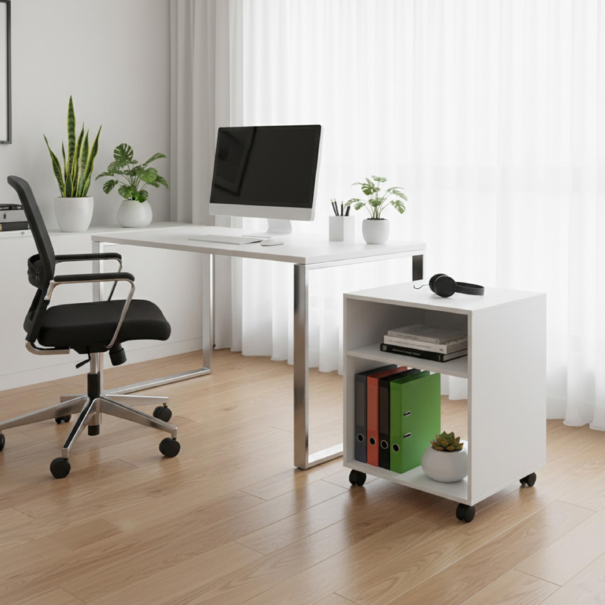 Baroni Home Carrello Ufficio Bianco con 4 Rotelle Girevoli a 360°, Mobiletto Organizer 2 Scomparti per Stampante e Cancelleria, Struttura in MDF Resistente, Montaggio Facile, 35x40x55 cm - 2