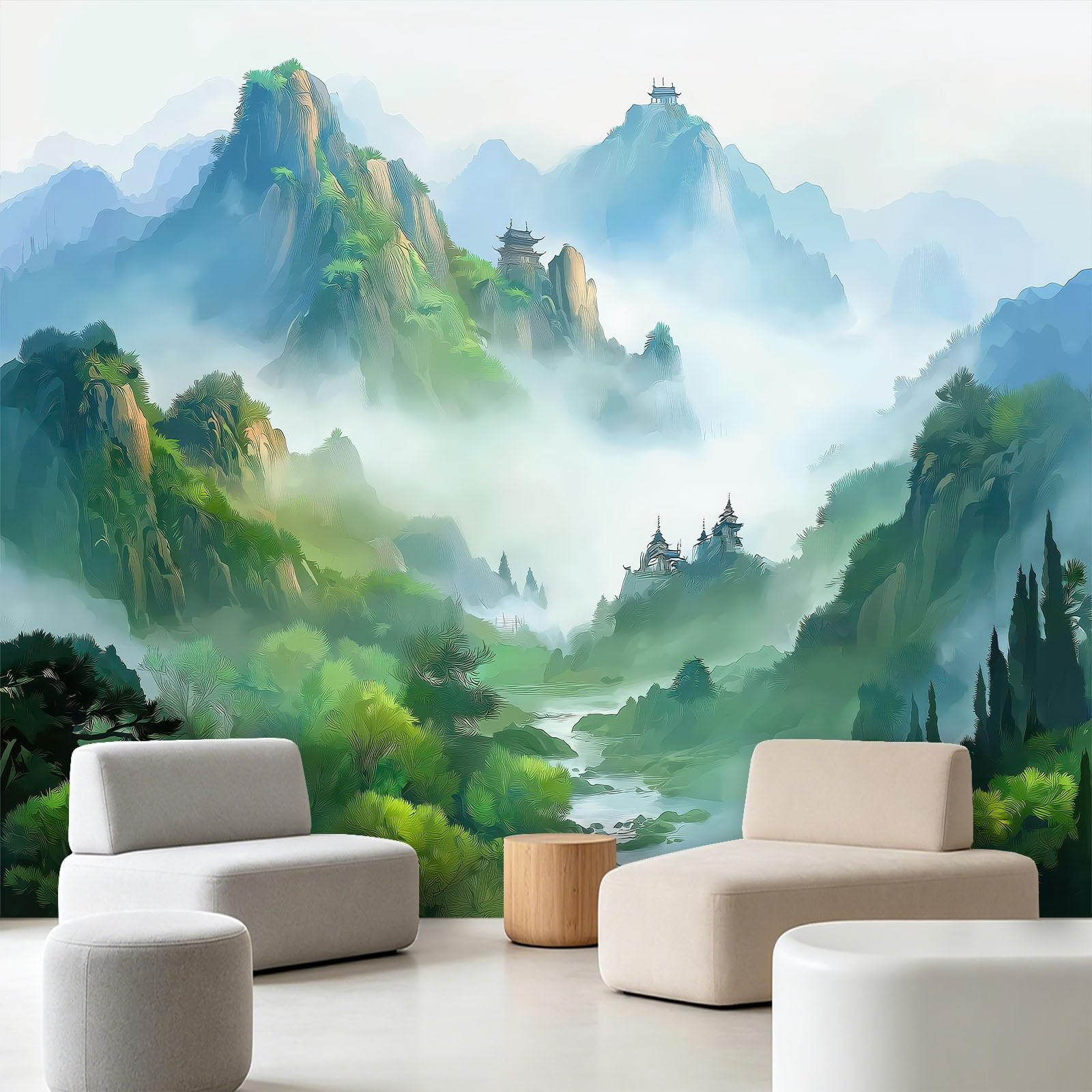 Papier peint intissé 200x140cm paysage montagne brume pour salon