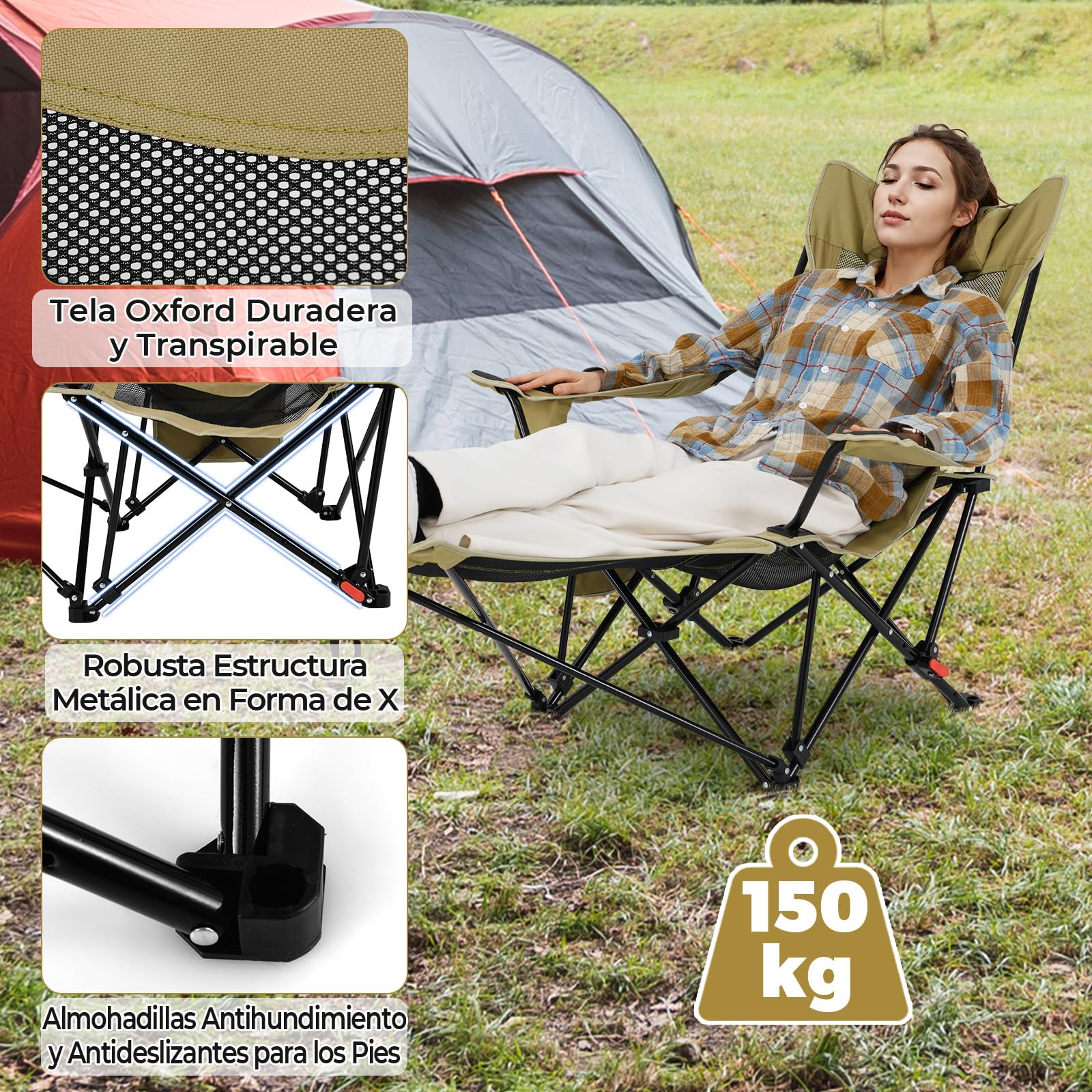 GOPLUS Silla Camping Ligera, 150 kg, Sillas Playa Reclinable de 4 Posisiones con Reposapiés Extraíble y Ajustable, Portavasos, Malla Transpirable y Bolsa de Transporte, Chair de Paseo para Jardín