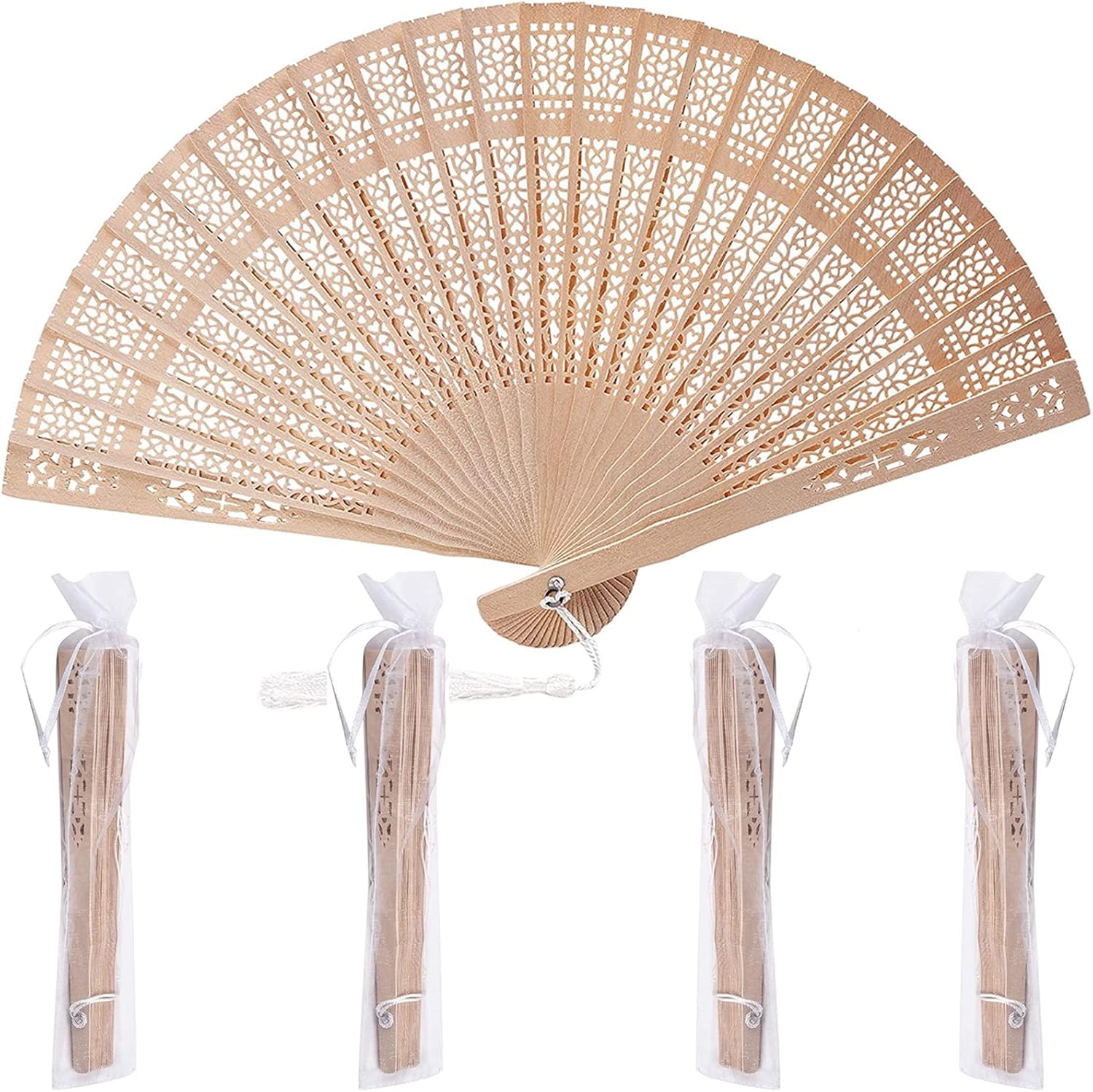 4PCS Women's Handheld Wooden Folding Fan with 4PCS Tassels, Ornament ...