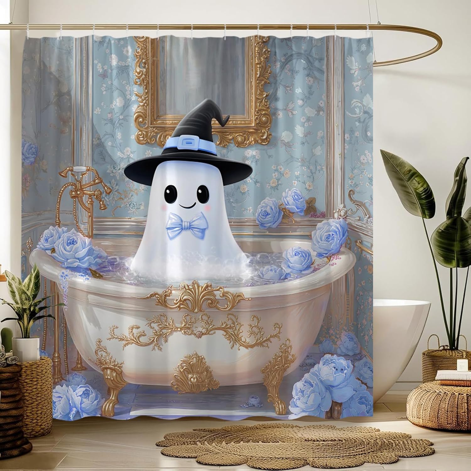 Halloween Shower Curtain Funny Ghost Spooky Take a Bath Creepy Floral Gothic Bathroom Decor Curtain with Hooks,Blue