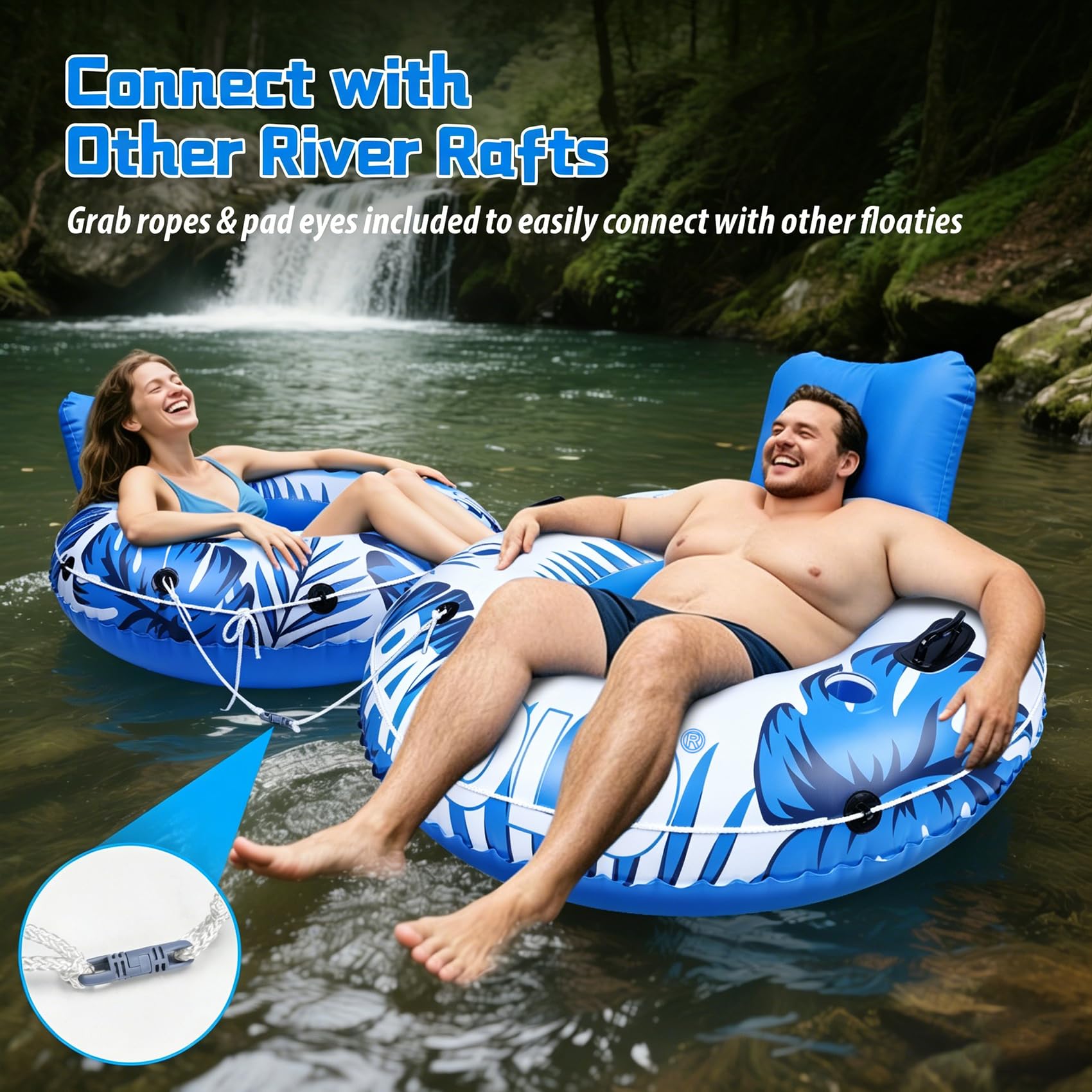 Flotadores de piscina para adultos, 53 pulgadas, 450 libras, tubos de río resistentes para flotar, resistentes con cuerda de agarre para reposacabezas, 2 portavasos y asiento de malla doble sellado