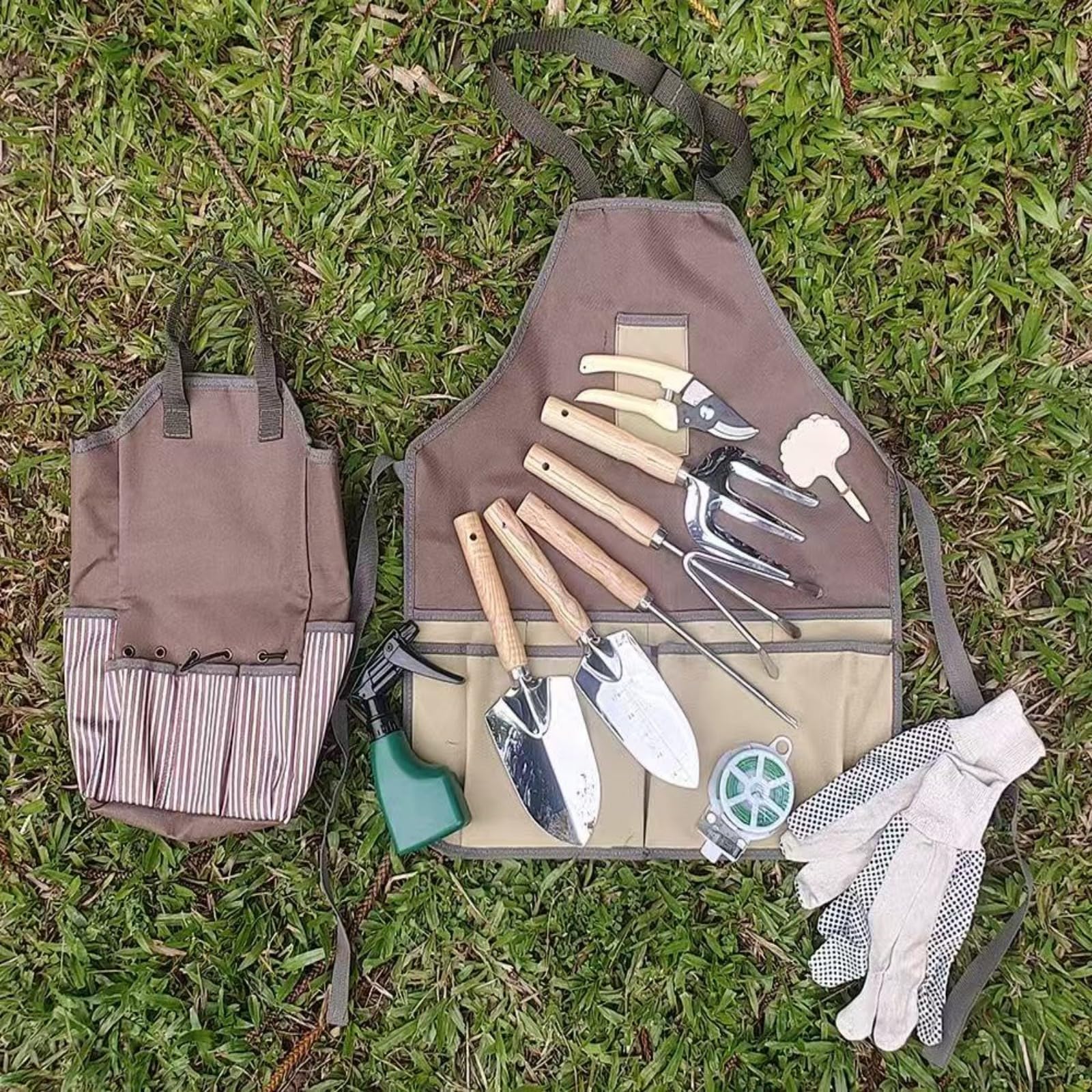 Thaibna Gardening Tools Set - Stainless Steel Gardening Kit with Shovels, Forks, Rakes, Gloves & Kneeling Pad (Green, 9 Count)