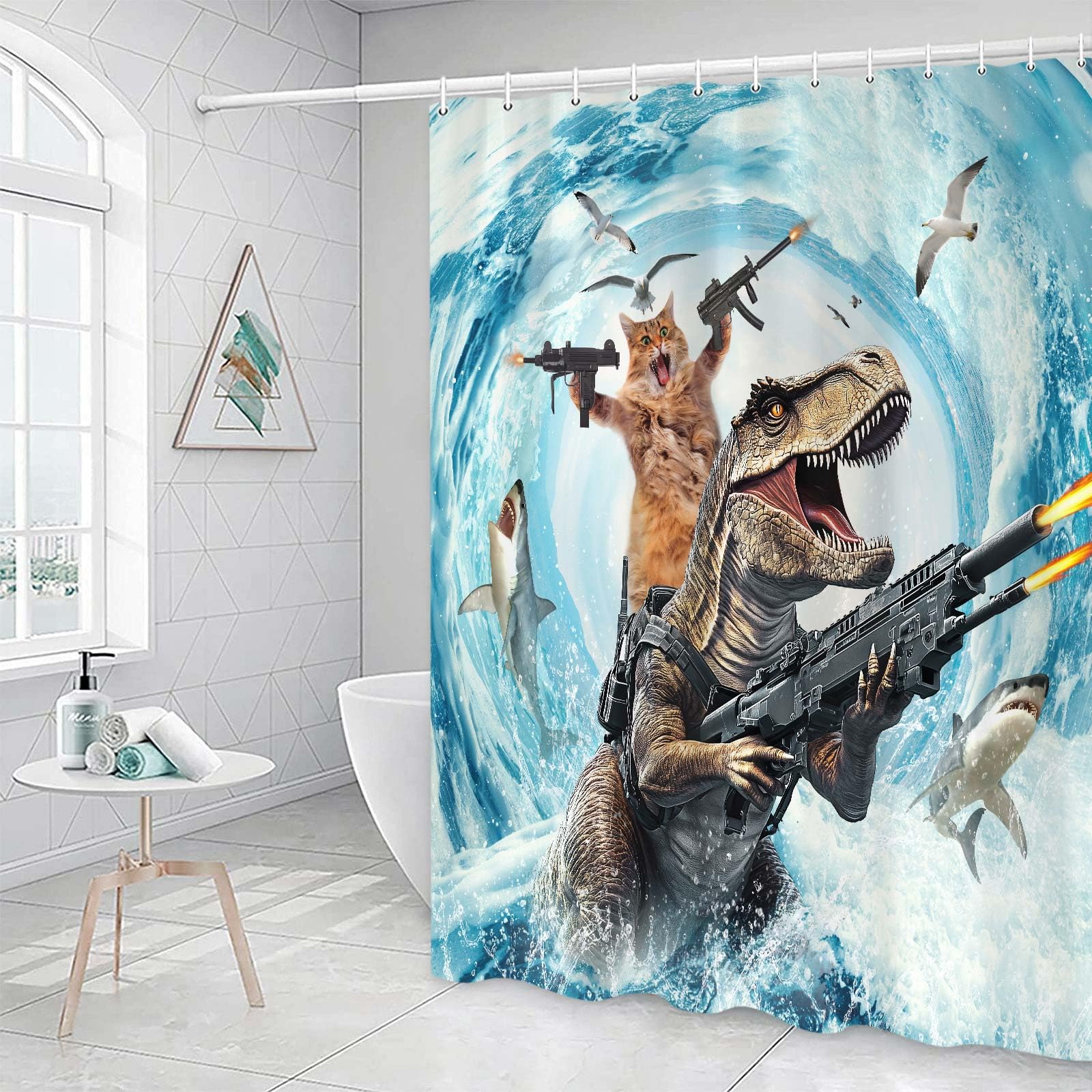 Grtuspr Funny Cat Shower Curtain Set, Cute Cat Riding Dinosaur Theme Ocean Curtains for Bathroom Fun Nautical Kids Decor Polyester Fabric Restroom