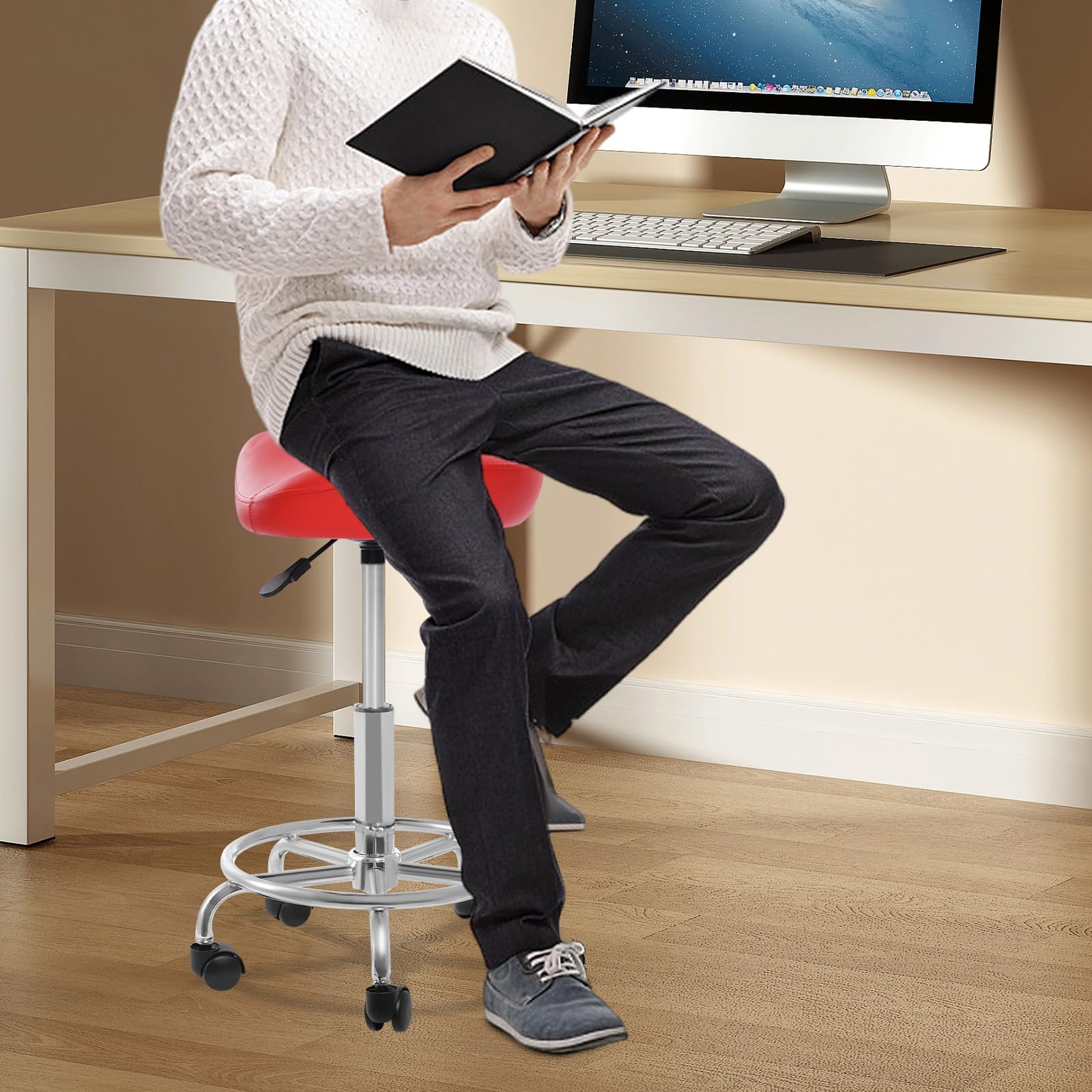 Sgabello da sella con ruote, regolabile in altezza a 360°, per ufficio, salone, massaggio, spa a casa, altezza regolabile da 45 a 59 cm (rosso)