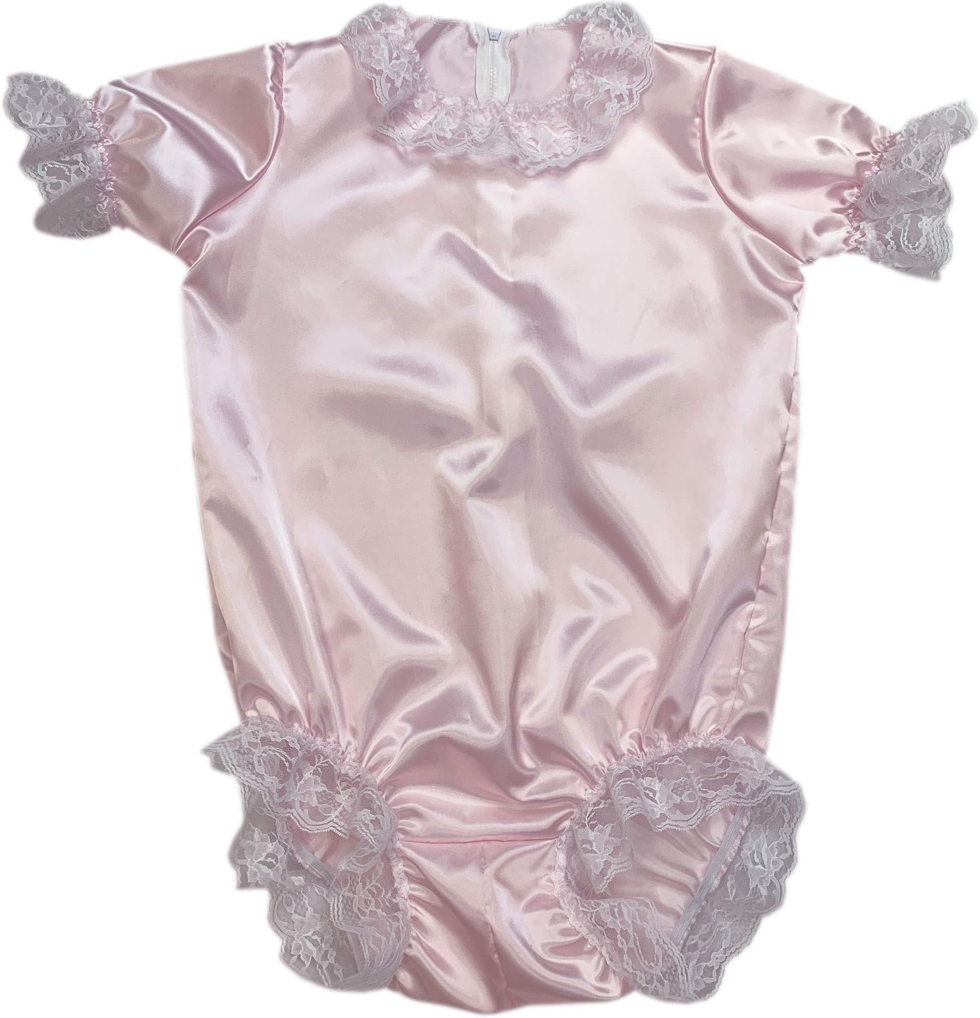 CUDDLZShort Pink Satin Zip Fastening Adult Onesie Sissy Romper ABDL Body Suit Ladies Mens Womens …