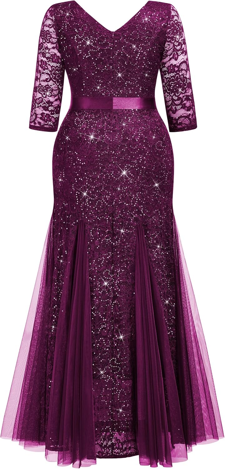 MISSMAY Women's Plus Size Double V-Neck Sequin Lace Tulle Mermaid Evening Wedding Formal Dress for Curvy Women - Image 6