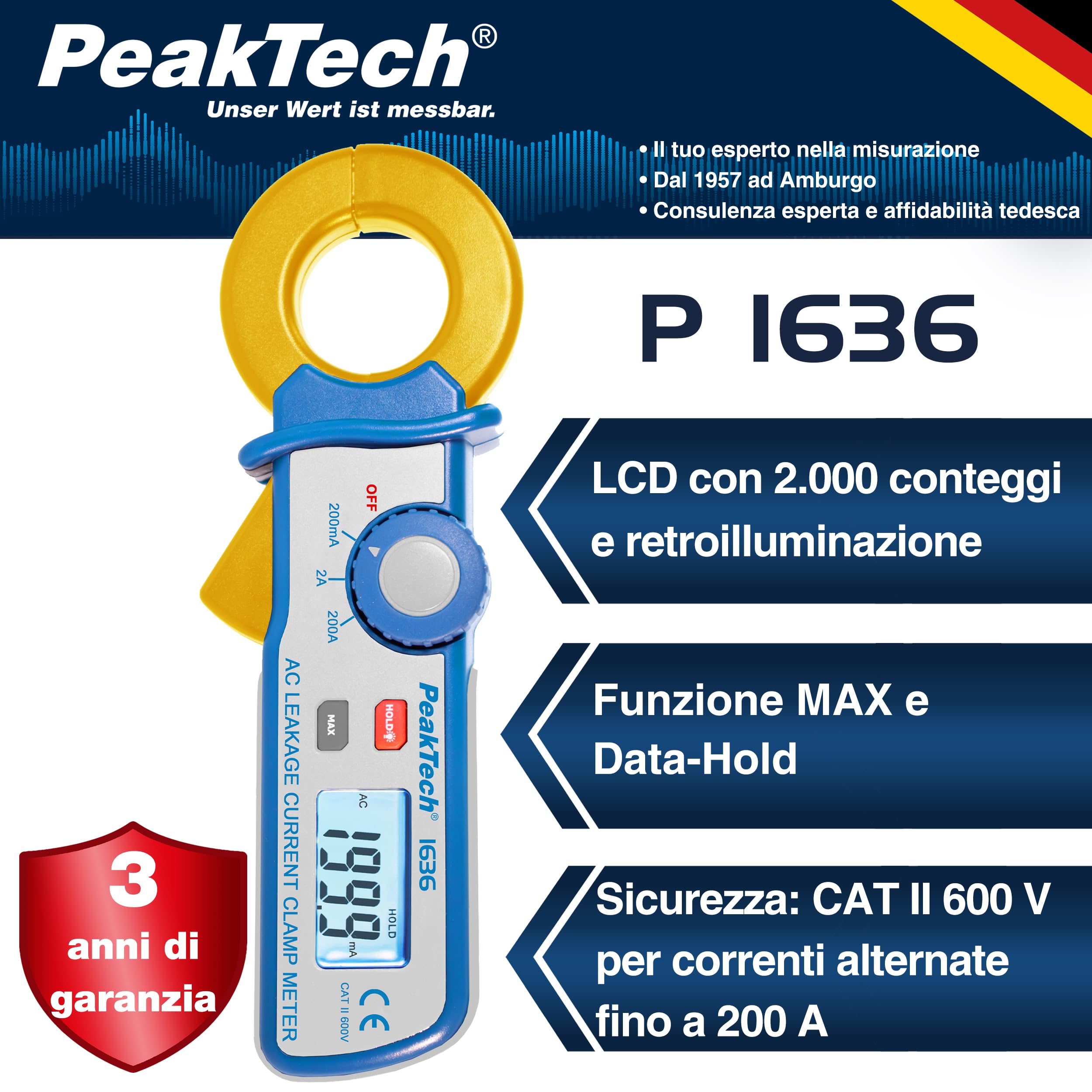 P 1636 PeakTech® P 1636 Pinza per corrente di dispersione con risoluzione di 100μA