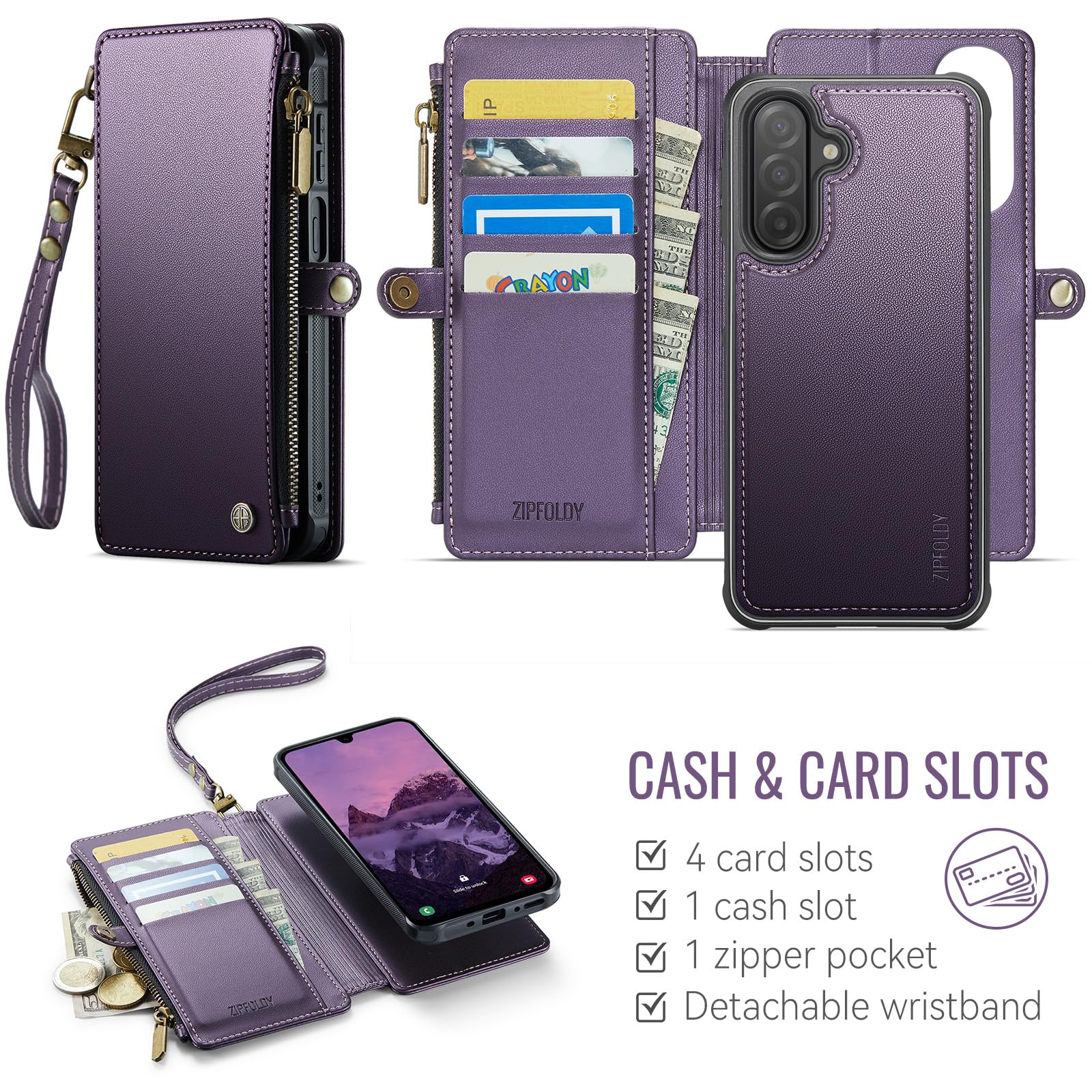 Funda magnética desmontable para Galaxy A17 5G, color morado | Tarjetero con bloqueo RFID, bolsillo con cremallera, ranura para efectivo, pulsera, para mujeres y hombres