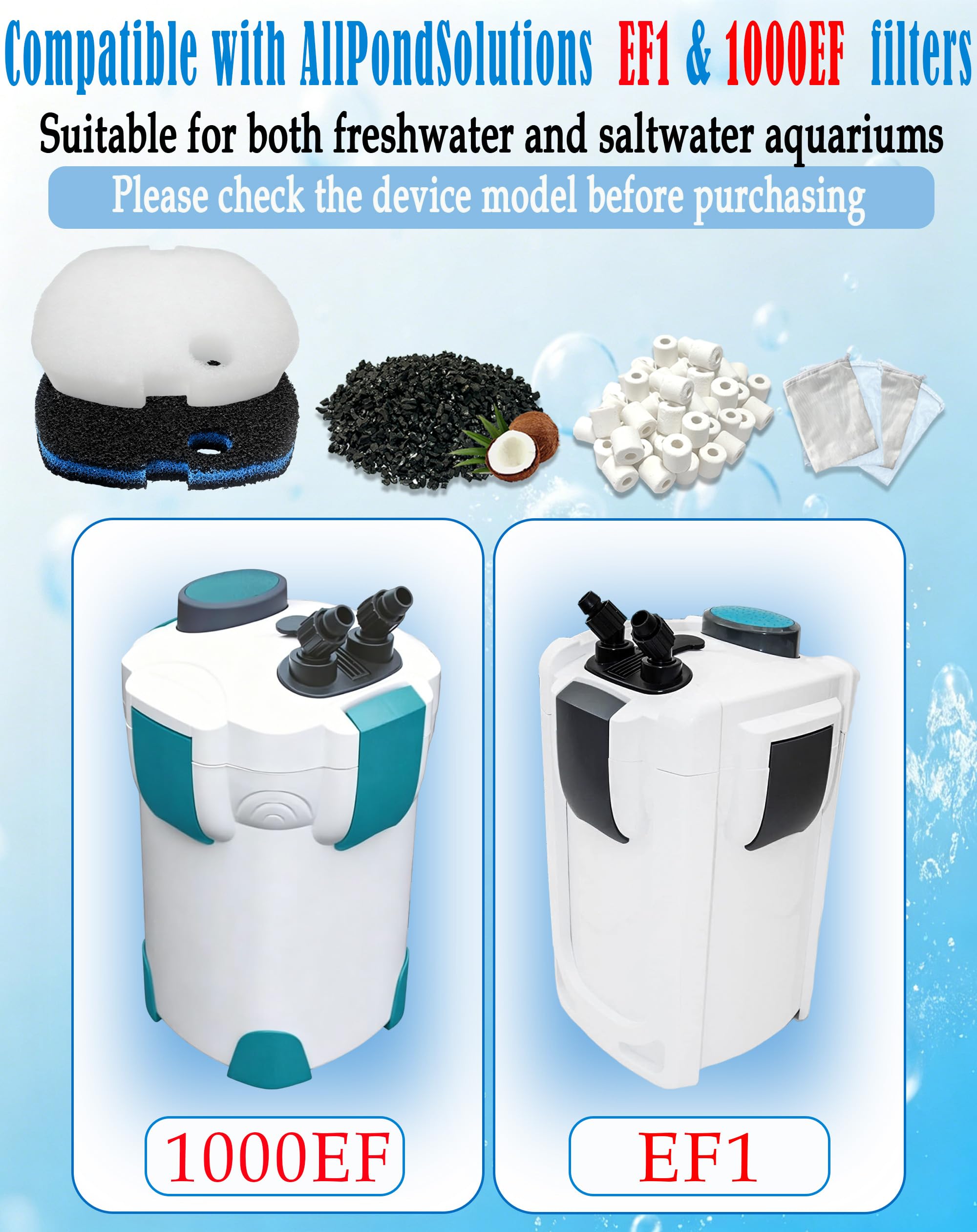 Kit di filtri per acquari esterni AllPondSolutions 1000EF & EF1 (400 litri), compatibile con acquari d'acqua fredda, tropicali e marini, include cuscinetti grossolani, anelli in ceramica, confezione