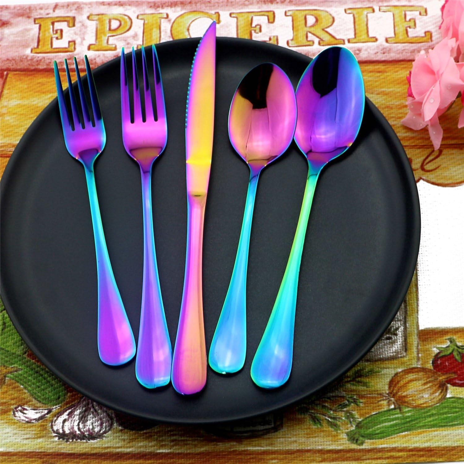 20-Pieces Set,Rainbow Colorful Top Stainless Steel,Multicolor Flatware Set,Silverware Set,Tableware,Include Steak Knife/Fork/Spoon/Teaspoon/Fruit fork,Dishwasher Safe (Shiny Rainbow)
