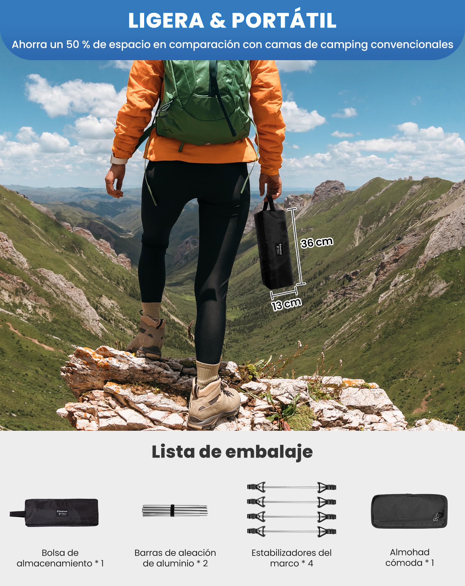 KingCamp Cama Plegable Ultralight 2,45 kg Cama de Camping Que se Pliega a 36x13cm Fácil de Llevar Capacidad Máxima 136kg para Camping, Exterior, Viajes, Playa, Jardín & Hogar