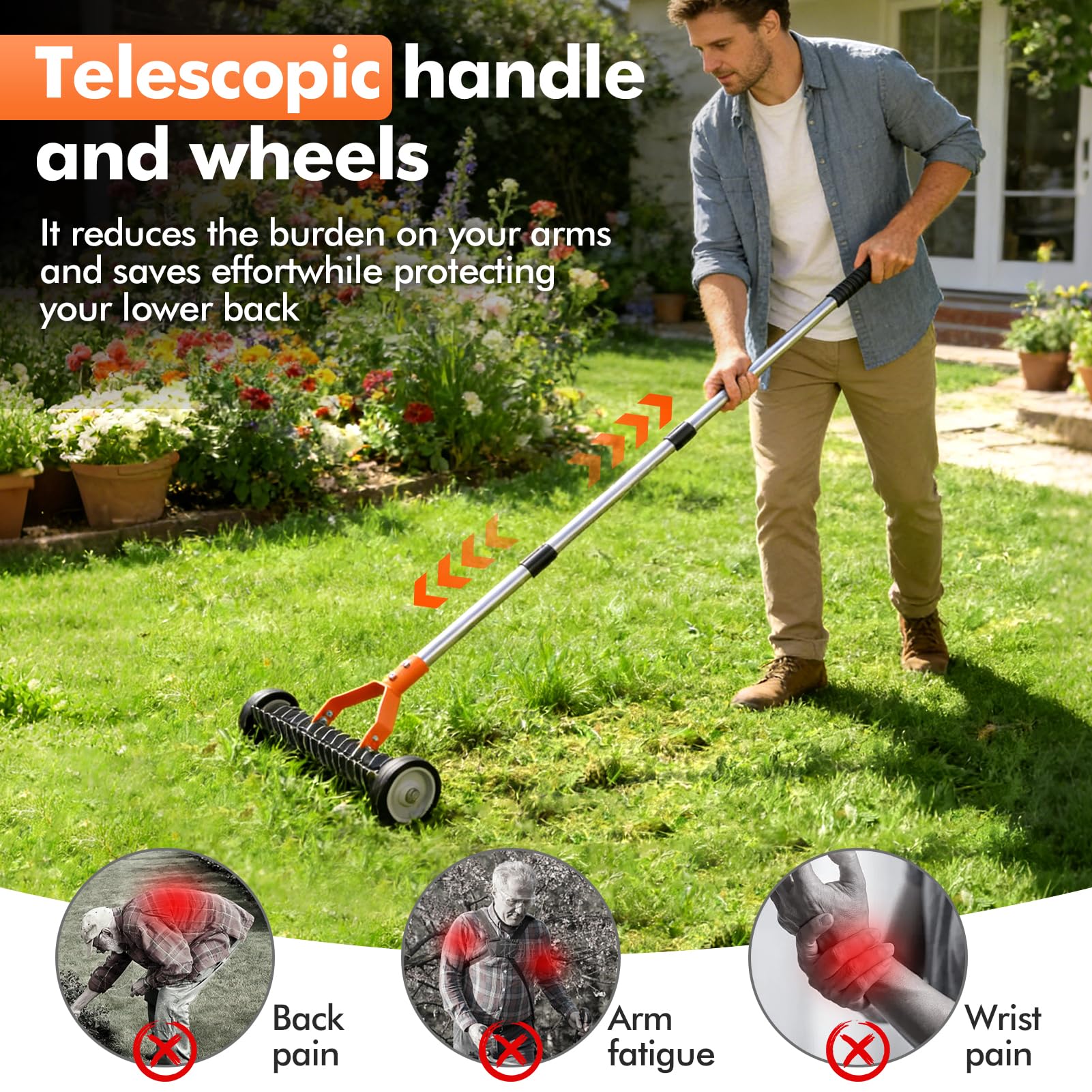 Scarifiers for Lawns, Lawn Scarifier with Twist Lock, Telescopic Wand Extends to 1.66m, Garden Leaf Rake, Thatch Rake for Lawn Scarifying, Moss Removal, Soil Leveller, Lawn Aeration - 4