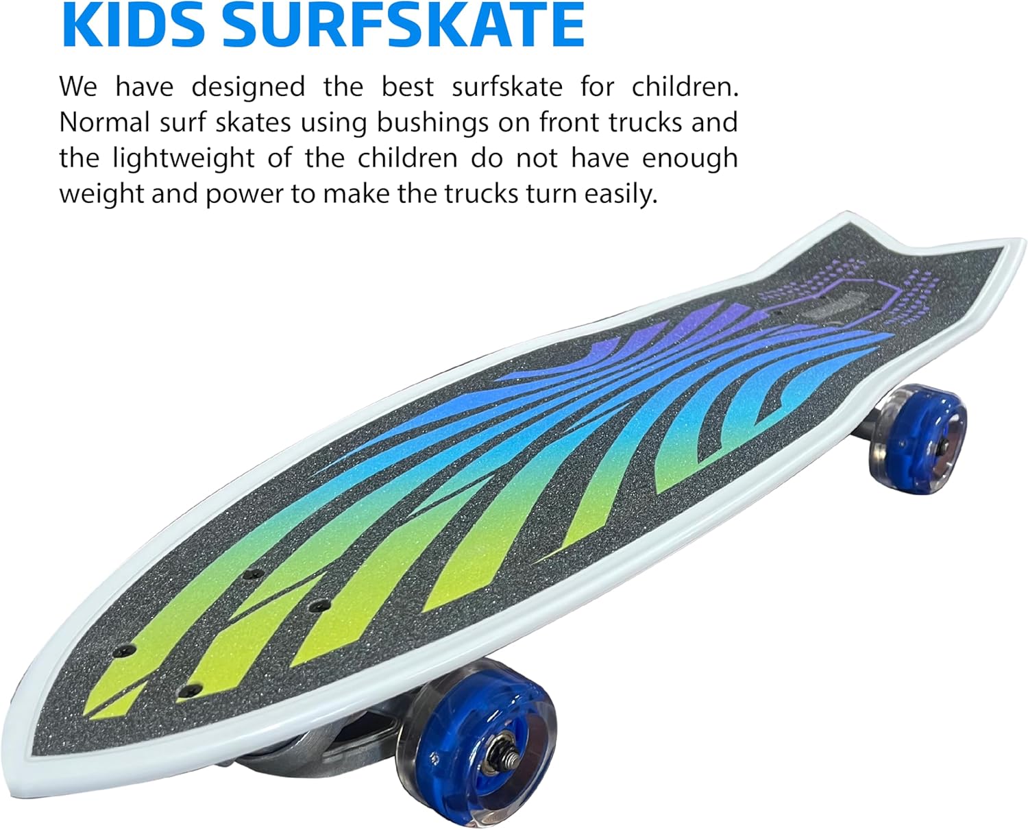 Surfskate Kids Skateboard Surf Skate Trucks for Kids Front Caster Wheel Rotates Easily for Children Great Pumping Power Heavy Duty Trucks in Rear Graphics on Grip Tape