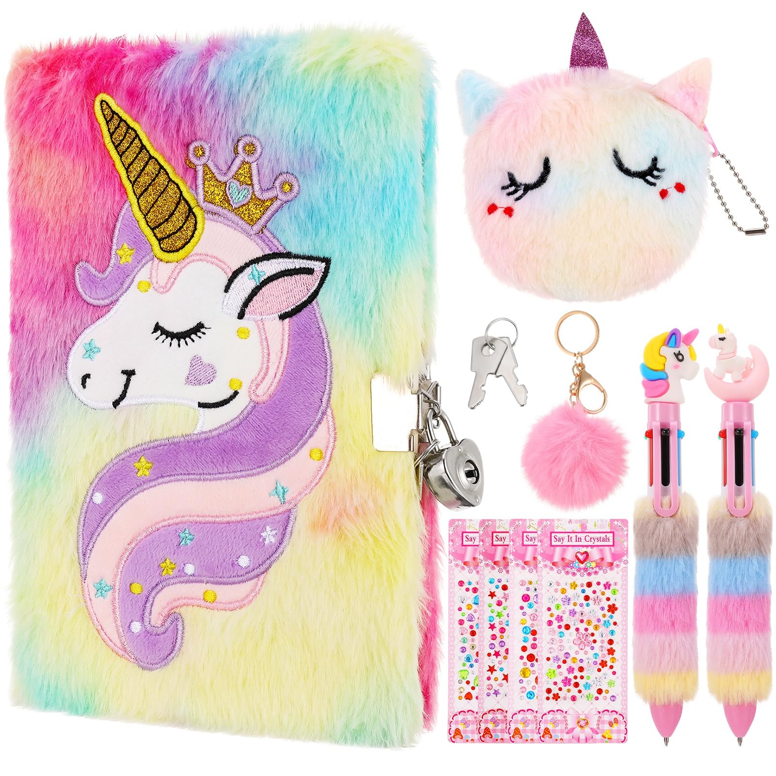 Candcamp Unicorn Secret Diary For Girls With Lock, Fluffy Secret Notebook Unicorn Journals With Hangbag Pen Stickers Bracelet Fluffy Keyring For Girls Age 5-12