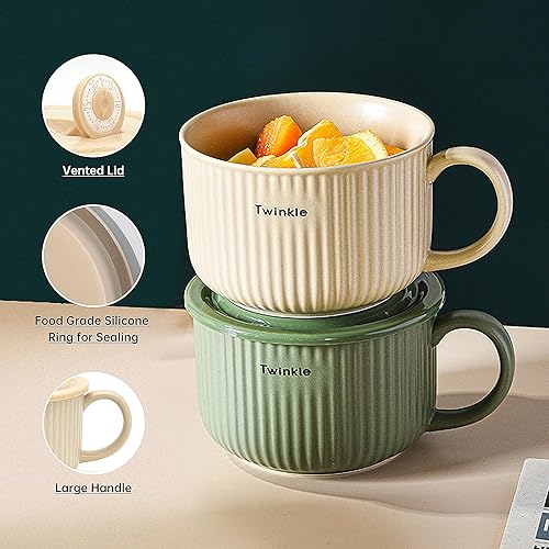 Miniatura 4 de 2 tazones de sopa de cerámica con asa y tapa ventilada, taza grande de sopa de 30 onzas para sopa de cereal de fideos instantáneos, recipientes de
