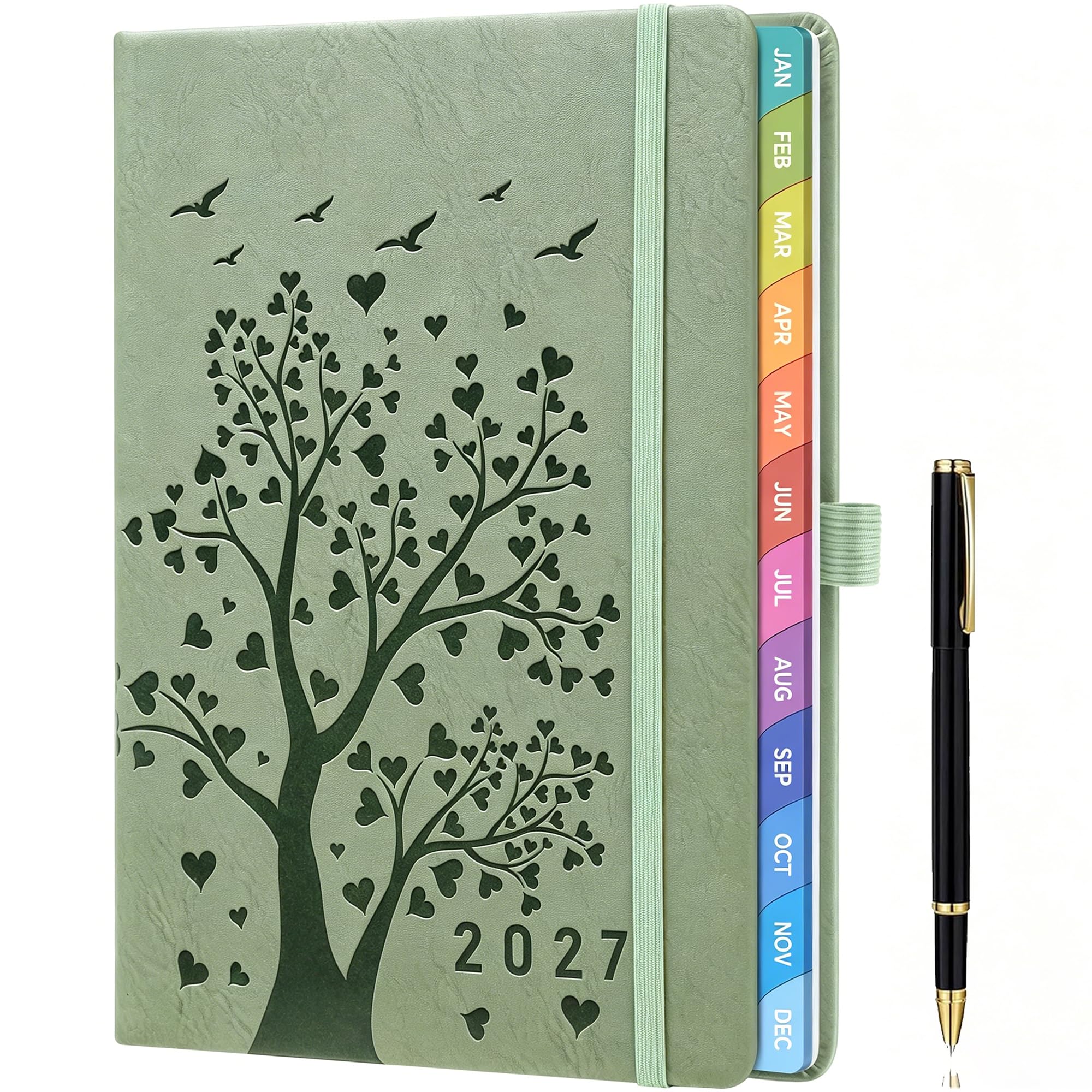 2027 Weekly Diary A5 – Week-to-View Planner with Elastic Closure, Pen Loop & Inner Pocket, 100 GSM Paper, Weekly Planner for Work, Appointments & Personal Organisation, Olive Green