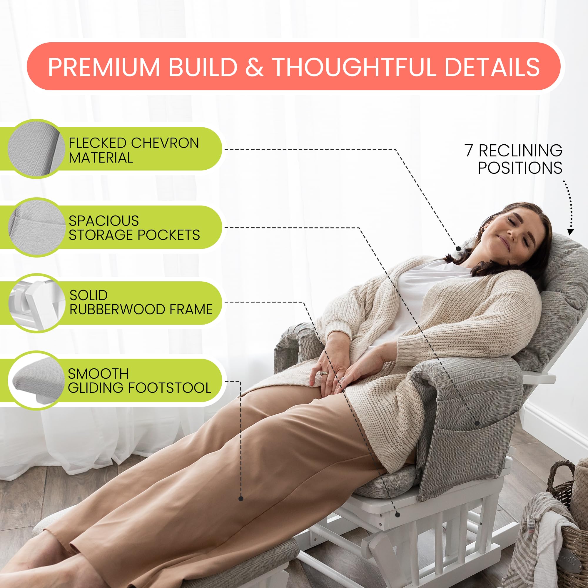 KUB Haywood Chaise d'allaitement inclinable avec Repose-Pieds – 7 Positions, Poches de Rangement, Sécurité certifiée