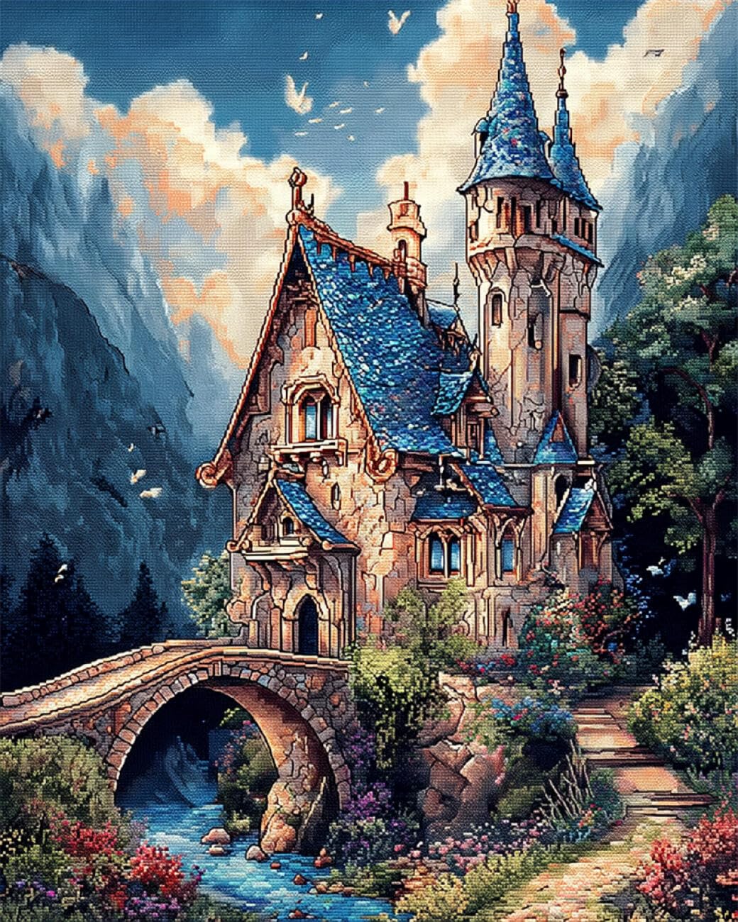 Rqwybcaxn Kit de cuentas de bordado, bosques, castillo, paisaje, kit de bordado, manualidades para principiantes, hecho a mano, juego de costura, regalos de vacaciones, 9 quilates, 30 x 40 cm