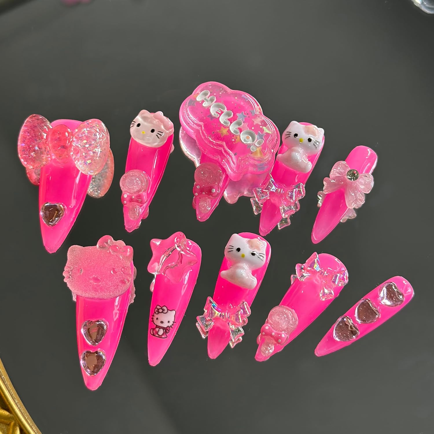 Press on False Nails Handmade Pink Cartoon Cat Fake Nails Press on Nails Long Almond 10 Pcs Reusable Luxury Nails Set for Sweet Cool Girls (Size:Medium)