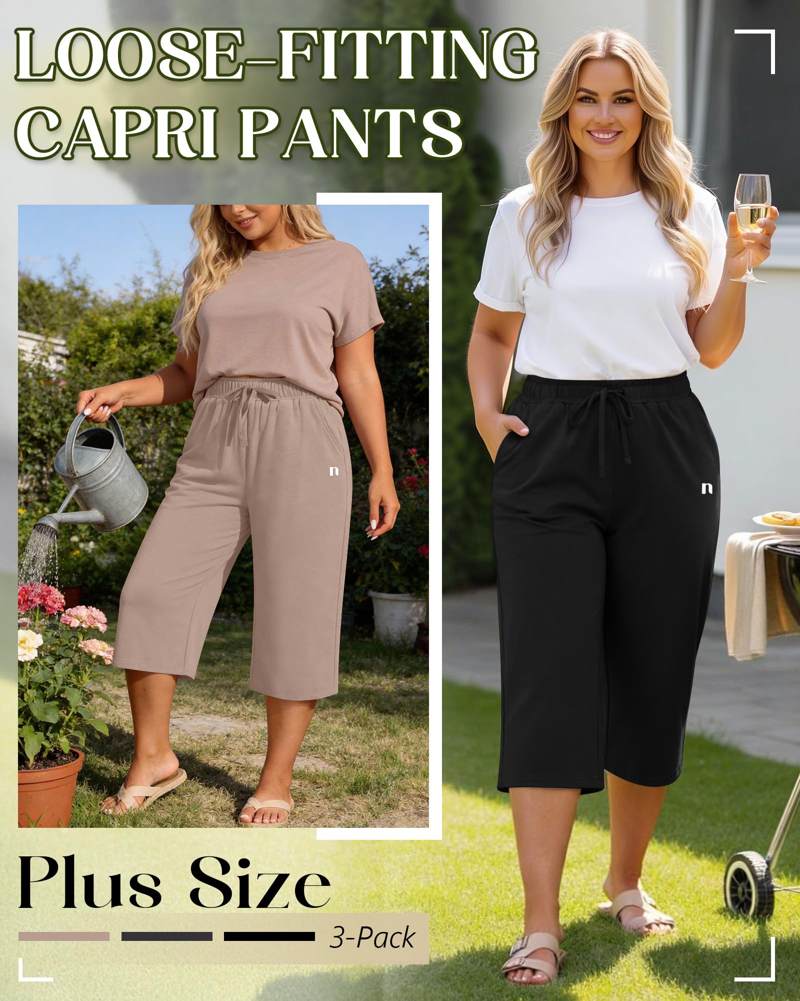 Neer Lot de 3 Pantalons Capri décontractés pour Femme avec Cordon de | Pantalon de survêtement ample décontracté avec cordon de serrage et taille élastique pour femme