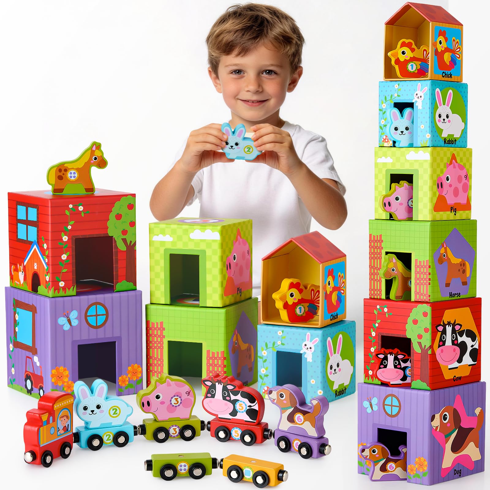 Atoylink Fattoria Cubi Impilabili di Giocattoli per Bambini, Giochi Montessori con 6 Cubi Impilabili & 6 Fattoria Animali Bambini & 6 Trenino Legno, Gioco Educativo Regali per Bambini di 3 Anni