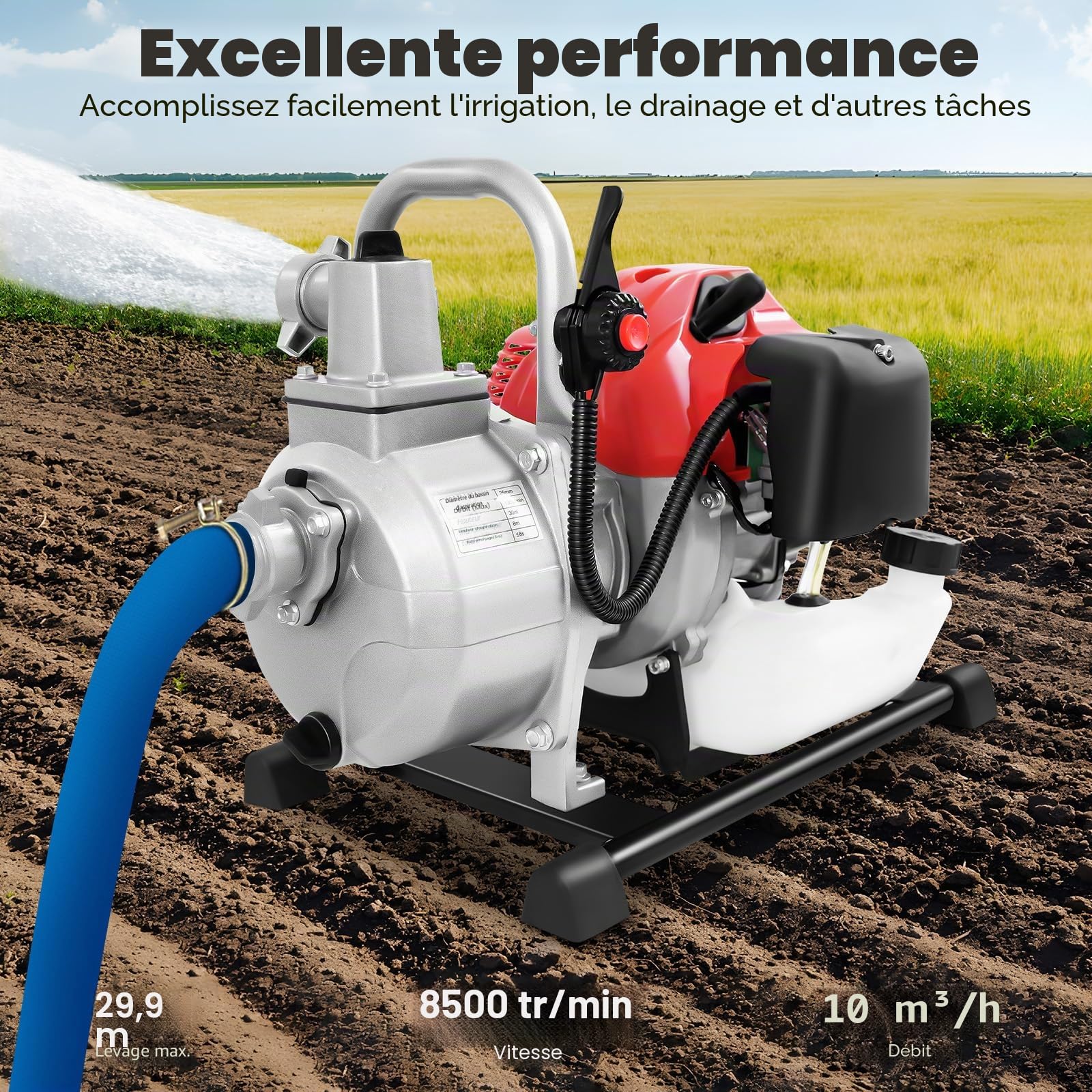 Pompe à eau essence 1,7 CV 1 pouce moteur 2 temps base métal hauteur extraction 30 m