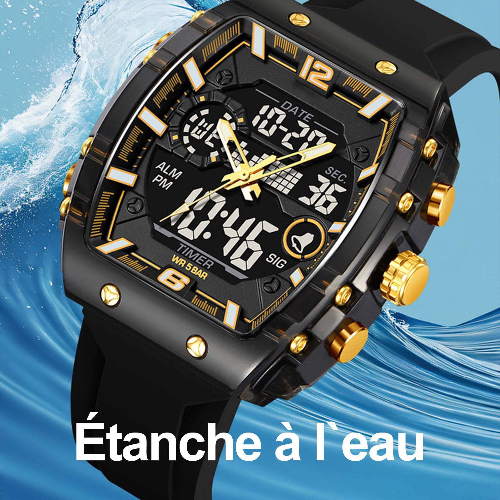 Reloj militar táctico deportivo para hombre, cronómetro de gran esfera 5 ATM, alarma retroiluminada, reloj de pulsera para exterior analógico digital, naranja, correa