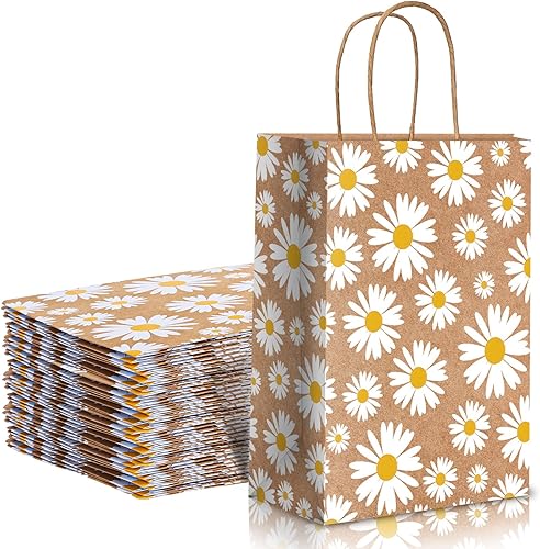 Miniatura 2 de Whaline Paquete de 12 bolsas de regalo de flores de margarita, bolsas de papel kraft con asas, bolsas de regalo florales para fiesta de primavera,