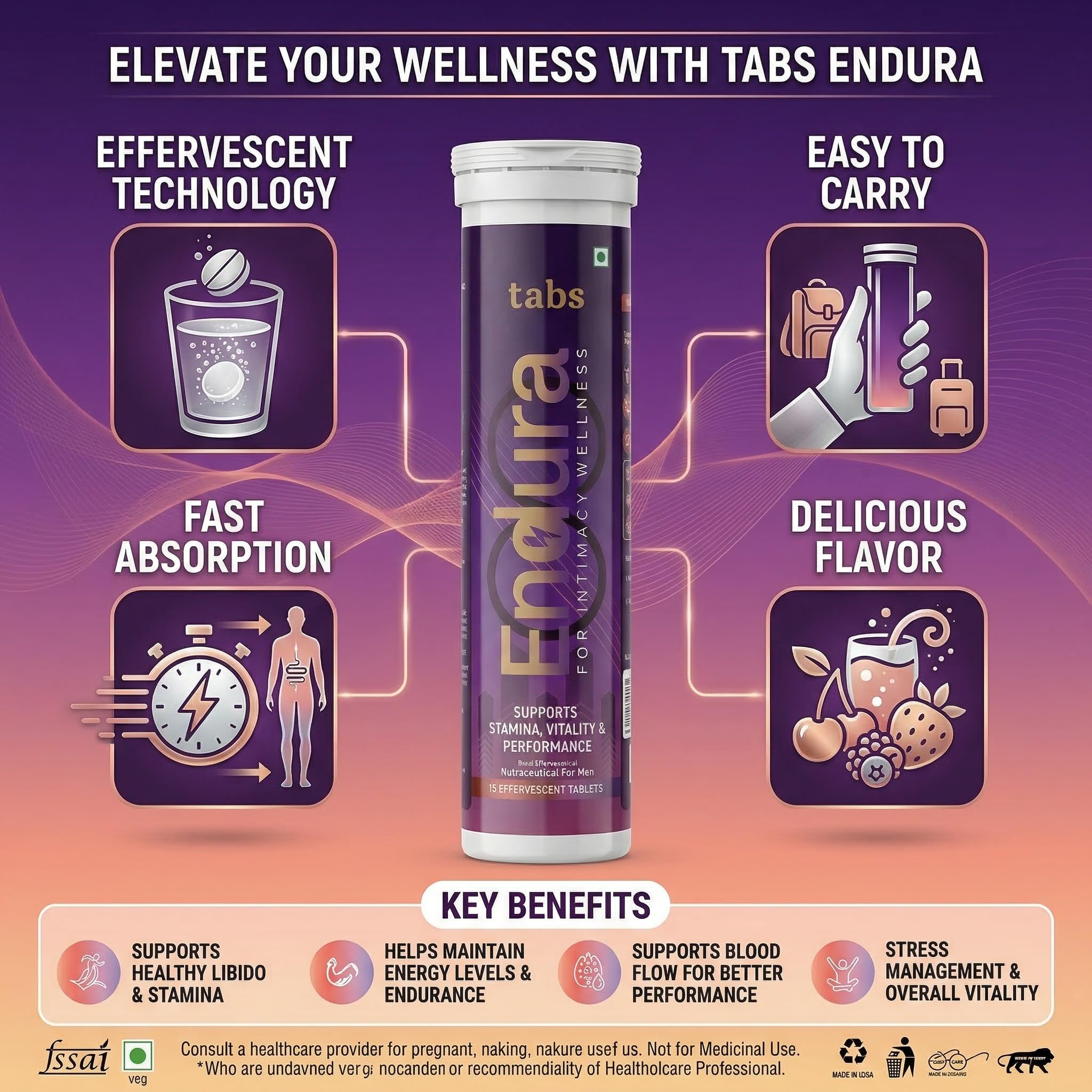 Tabs Endura Effervescent Tablets for Men | Stamina, Vitality & Performance Support | Fast Dissolving Energy Tablets | Portable Tube | Delicious Flavour | 15 Effervescent Tablets — Amazon image 2