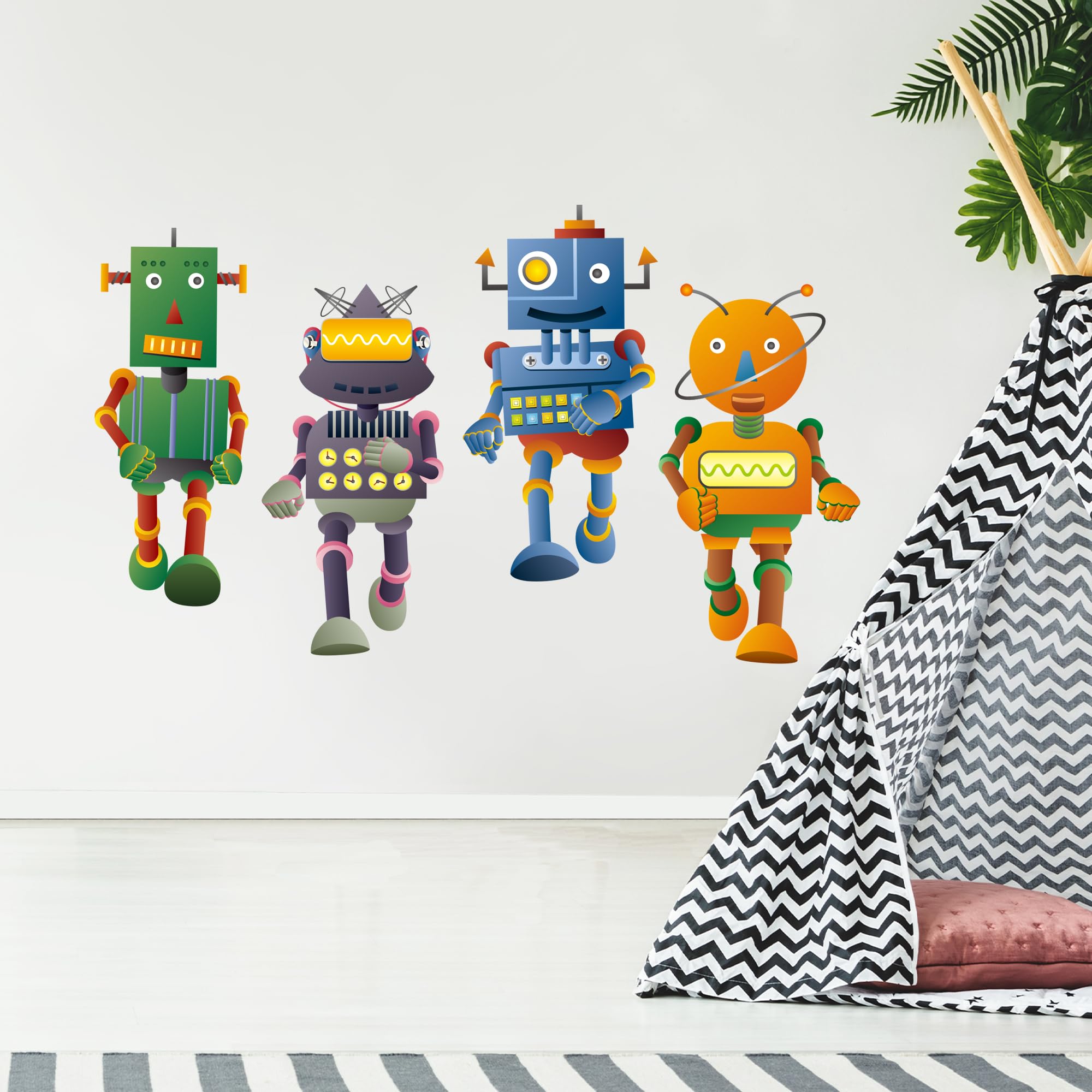 Robot Wall Sticker - Set of Four Walking Robots Decal Wall Art (90cm Width x 45cm Height)