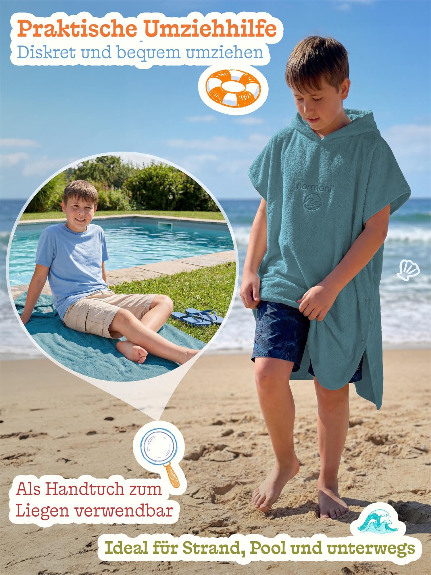 normani Kinder-Badeponcho Strandponcho - Handtuch-Poncho aus 100% natürlicher Bio-Baumwolle Handtuch Cape Badetuch mit Kapuze für Jungen und Mädchen 2-13 Jahre