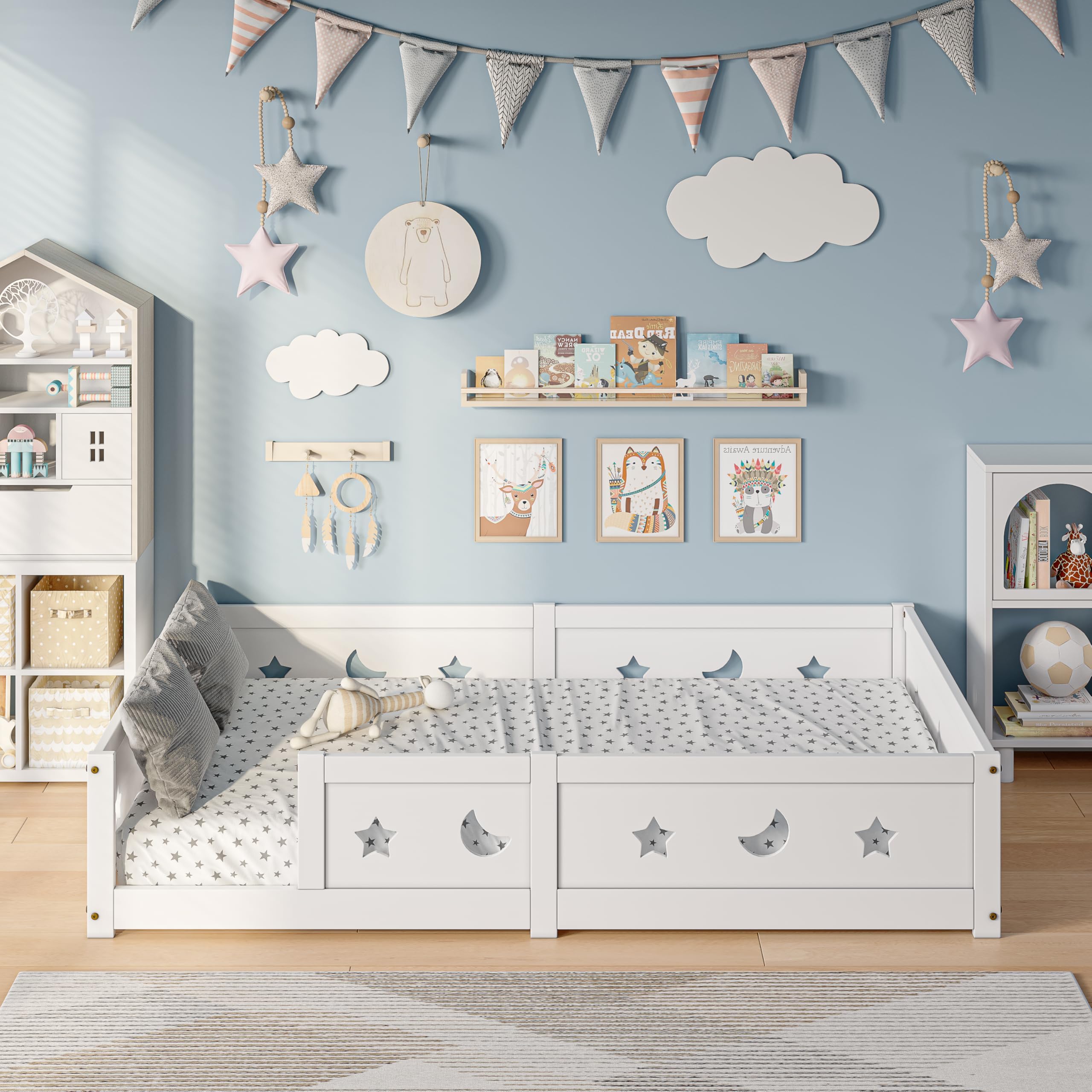 Lit pour Enfant 90x200 cm,lit au Sol Enfant en Bois Naturel avec Protection Contre Les Chutes,Lits Enfant 90x200 avec Étoiles et Lune, Lit Montessori en Panneau de Particules, Blanc