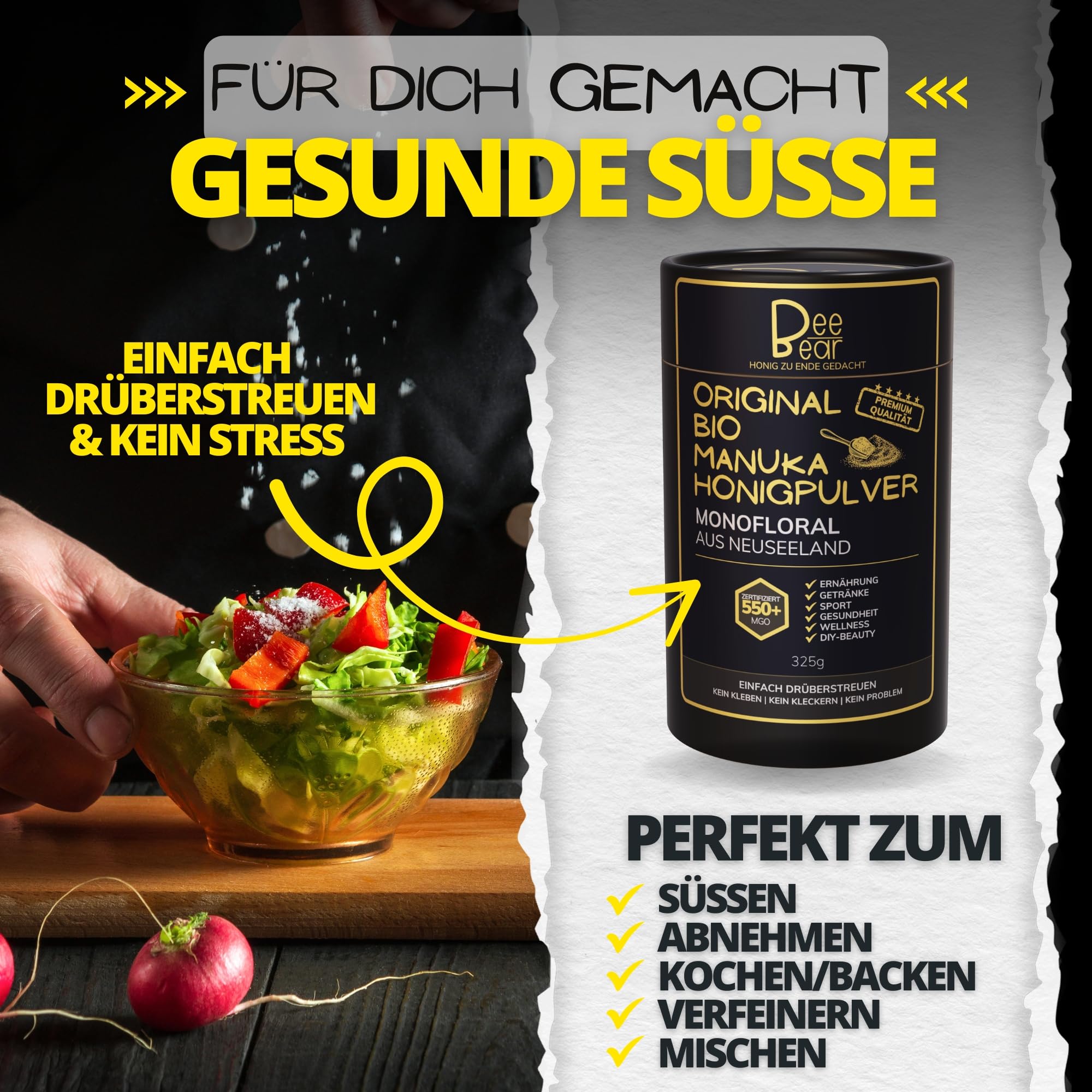 BeeBear Manuka Honigpulver MGO 550 | Bio Nahrungsergänzungsmittel + Superfood Pulver Bio zB für Smoothie & gesundes Frühstück | Porridge Topping Quark & Joghurt | Immunsystem stärken & Energy Pulver