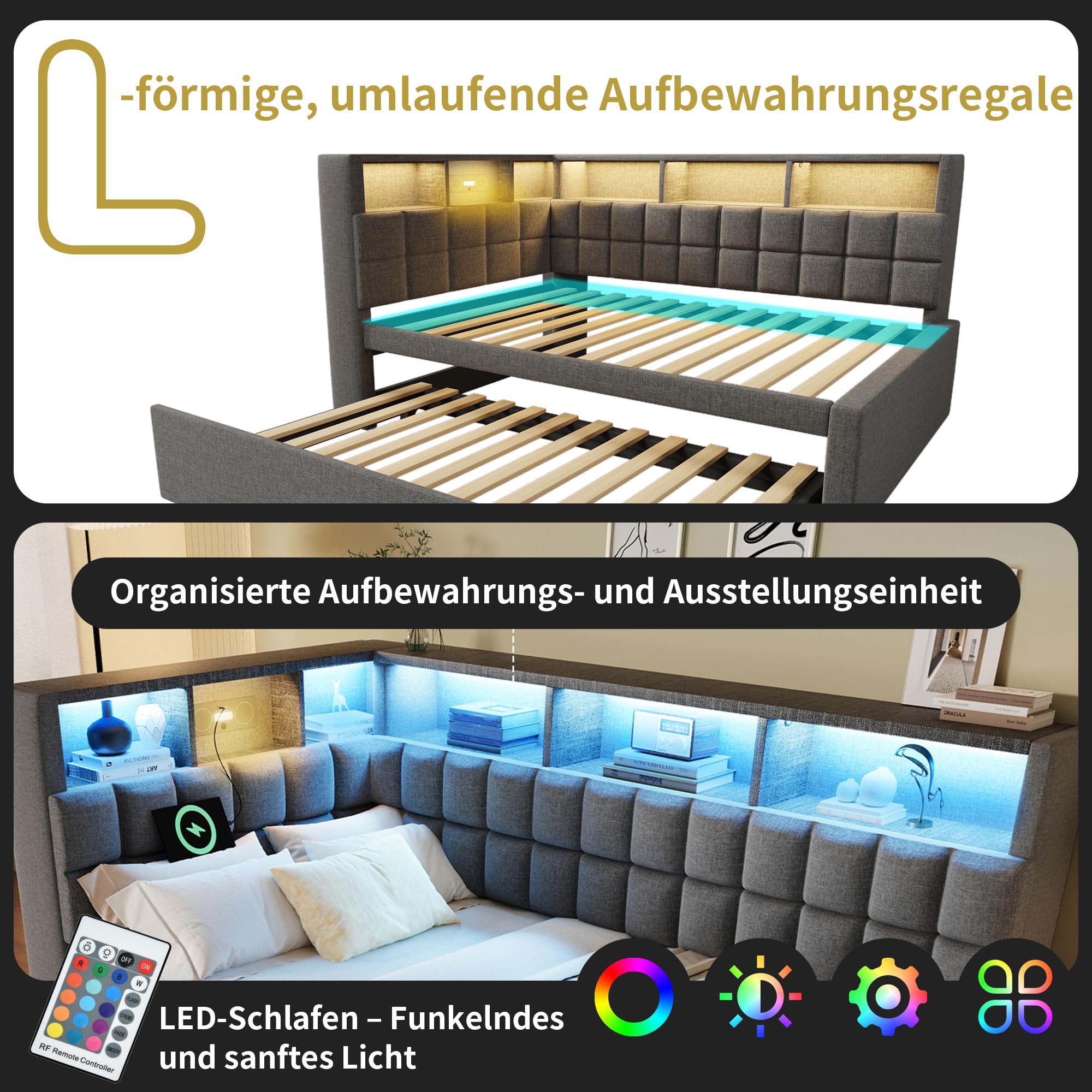 Kebnor Leinen Polsterbett 90x200 mit Ausziehbett 90x190, LED, Bluetooth-Lautsprecher, USB & Type-C Ladeanschluss, L-Kopfteil mit Stauraumregal, Schlafsofa/Gästebett, ohne Matratze (Grau)