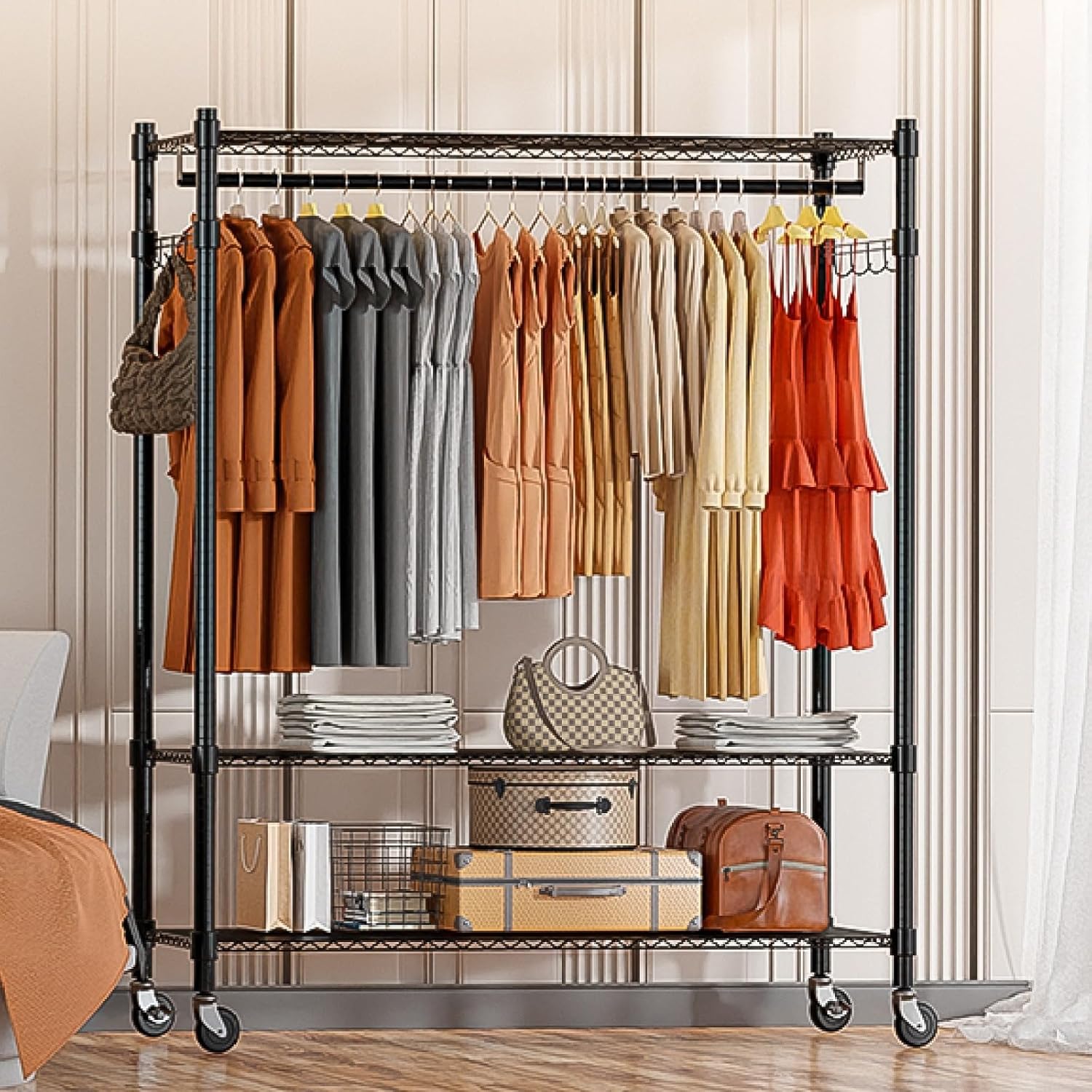 3-Tiers Big Size Heavy Duty Wire Shelving Unit Garment Rack with Hanger Bar Wheels+2 Pair Side Hooks,Black