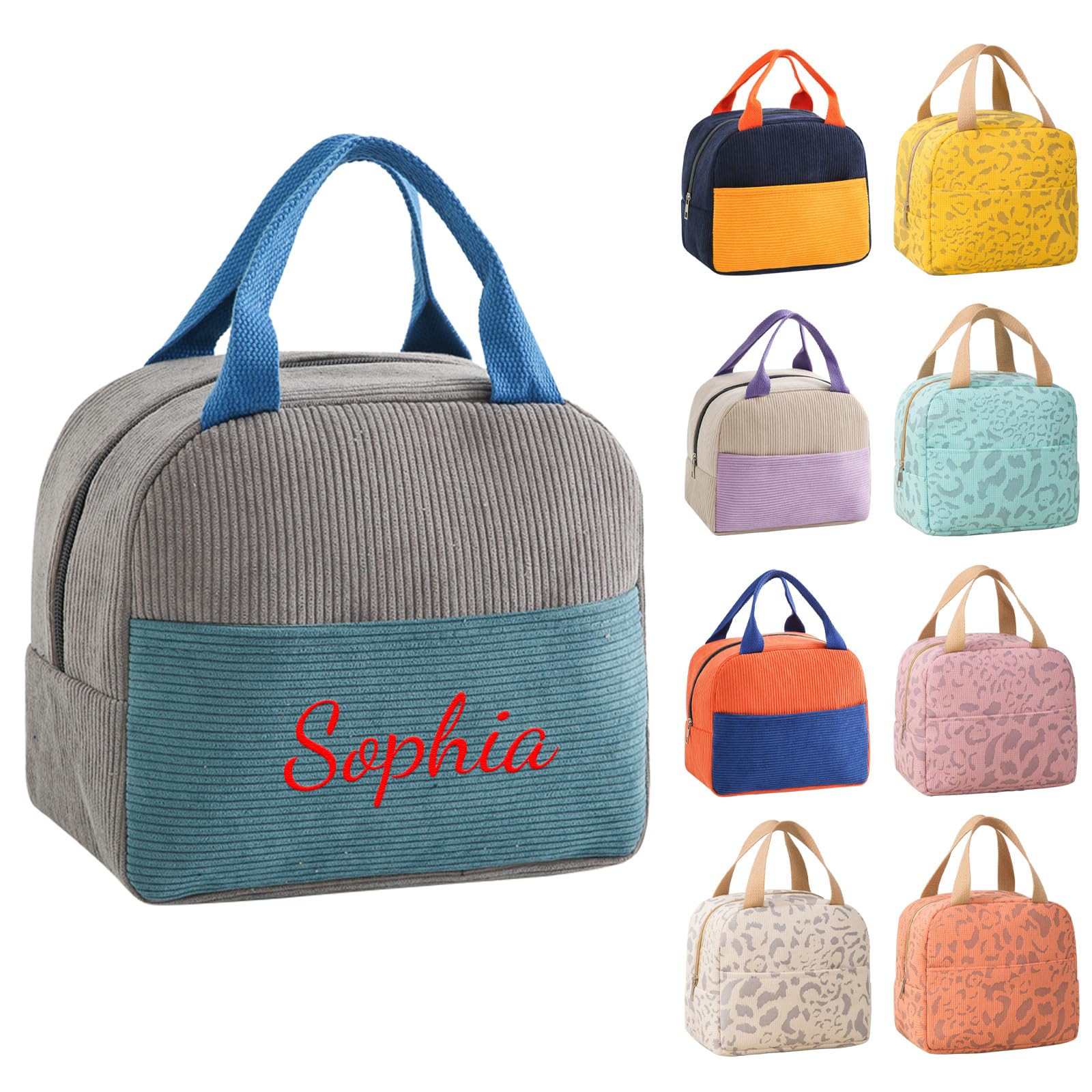 Personalised Embroidered Lunch Bag for Women Kids Adults, Custom Name Insulated Waterproof Lunch Tote Bag, Reusable Lightweight Lunch Box for School Work Office Picnic Travel (Grey)