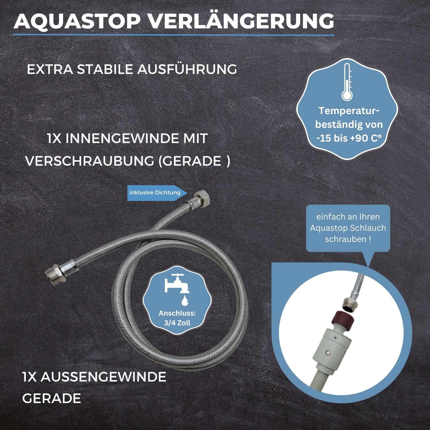 LICHTBLAU Edelstahl Panzerschlauch Verlängerung | 1,5m | 3/4 Zoll | Zulaufschlauch für Waschmaschine & Spülmaschine, geeignet für Aquastop-Systeme