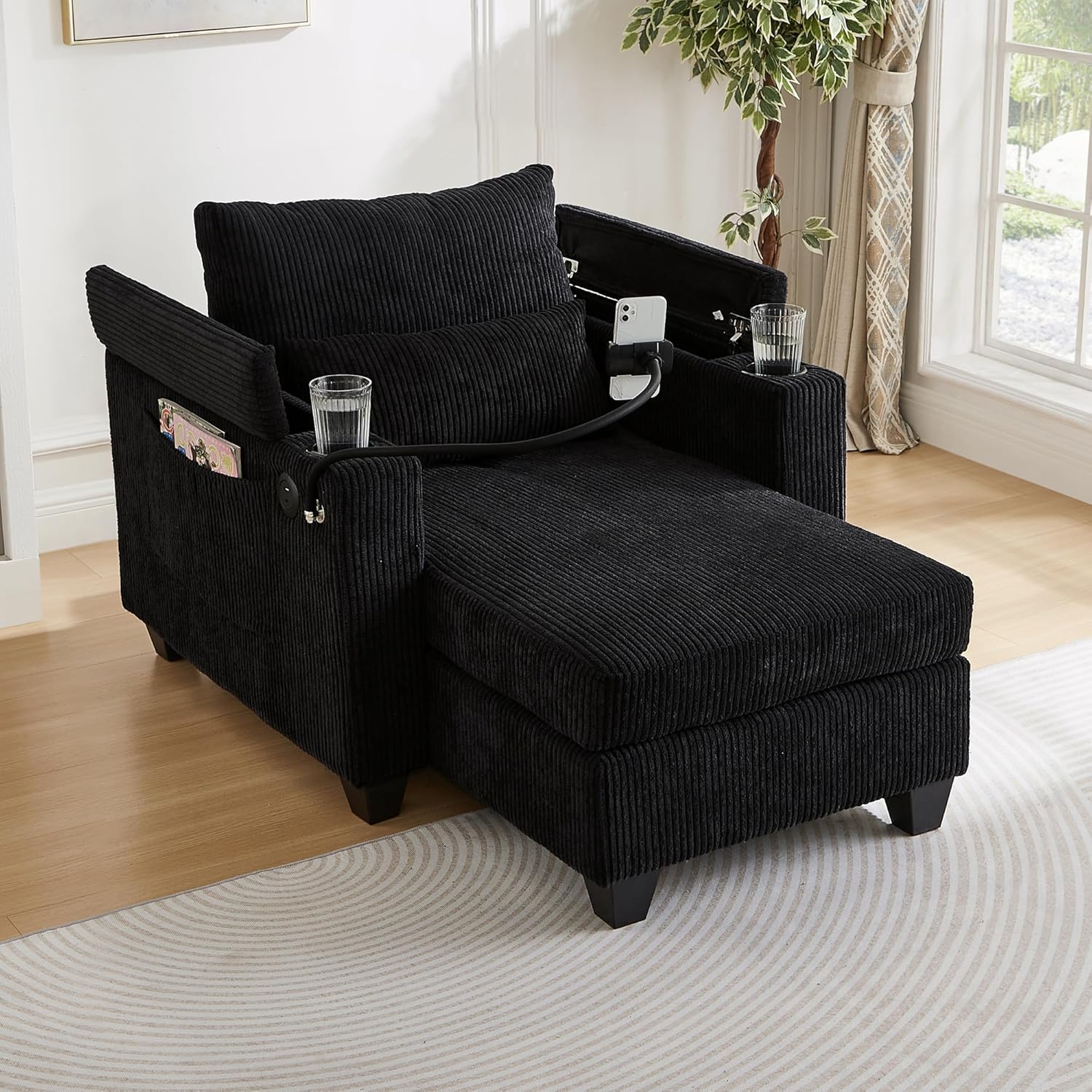 54" Giant Multifunction Corduroy Chaise Lounge, 2 in 1 Cozy Sofa Bed, Innovative Sleeper Couch with Adjustable Backrest & Storage Armrests & USB Ports & Phone/Cup Holder for Living Room Bedroom, Black