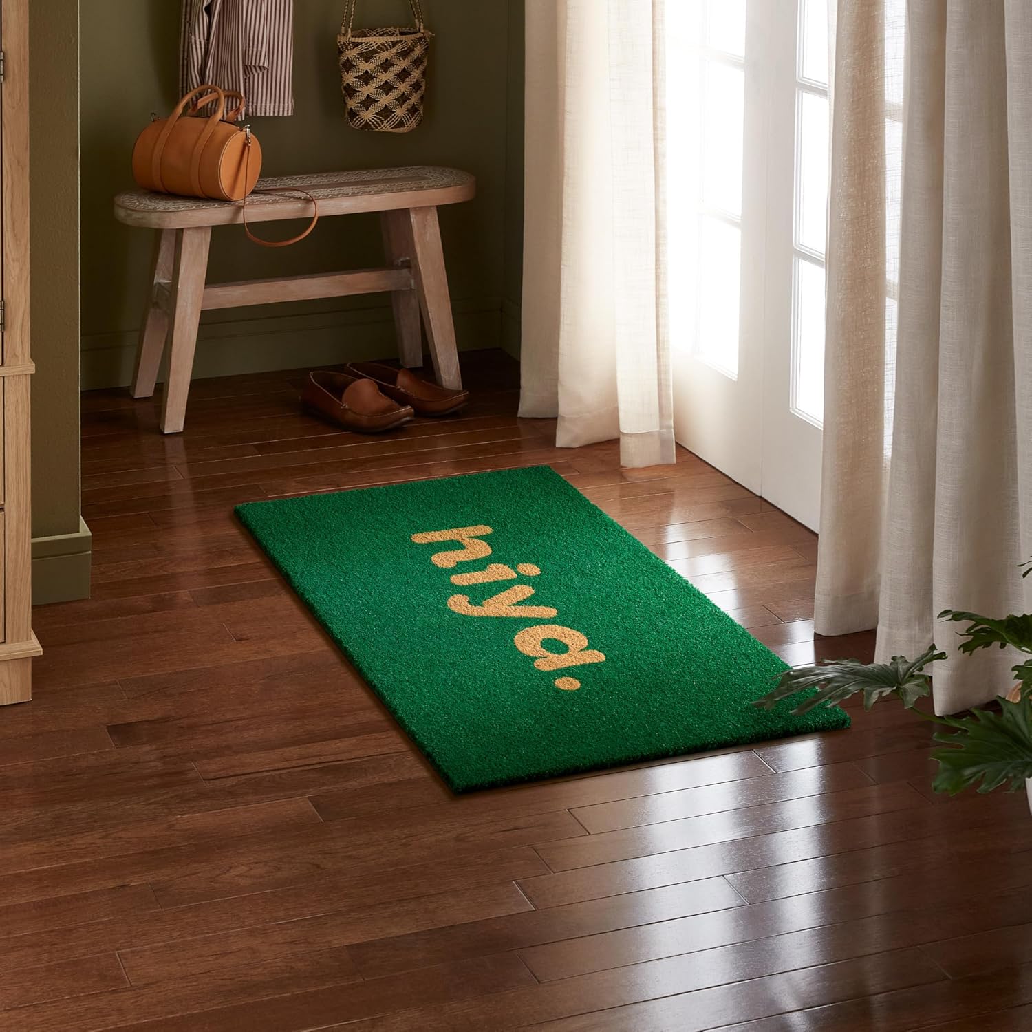 TOWN & COUNTRY TERRA Hiya Painted Welcome Door Mat, Natural Coir, Heavyweight, Non-Slip Entryway Mat, Green, 24"x36"