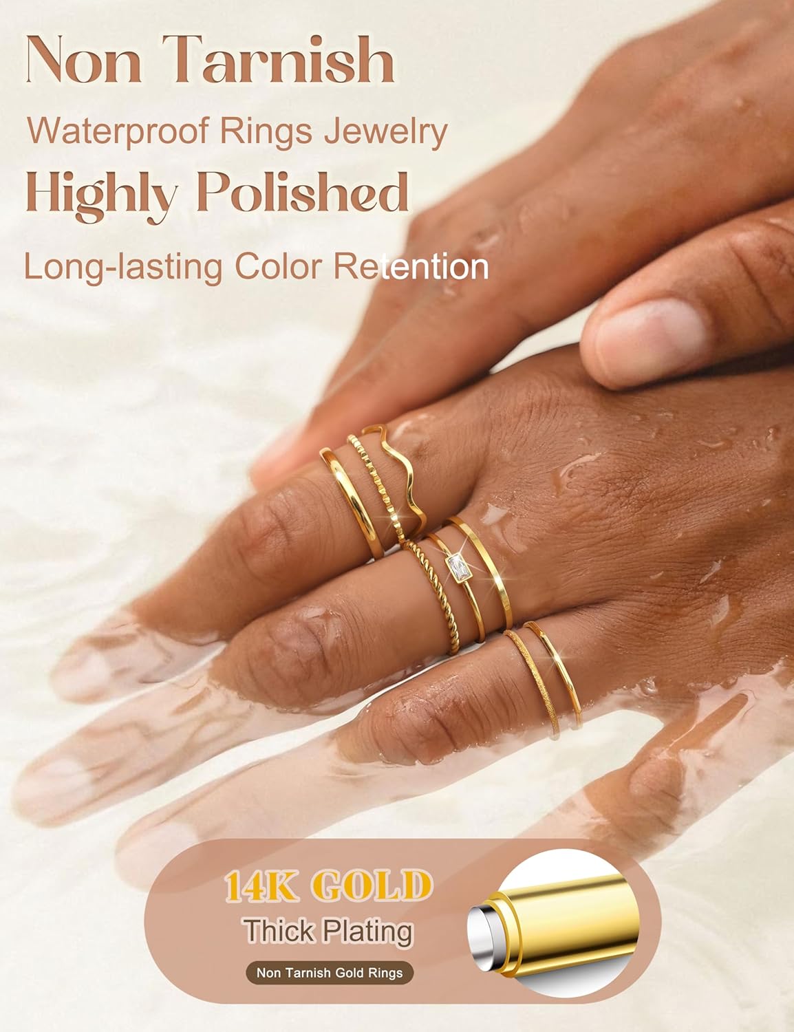 THUNARAZ 8Pcs Stackable Rings for Women Non Tarnish 14K Gold Plated Stainless Steel Dainty Rings Set Minimalist Thin Thumb Ring Cubic Zirconia Wave Statement Ring Bands for Women Size 5-10 - Image 2