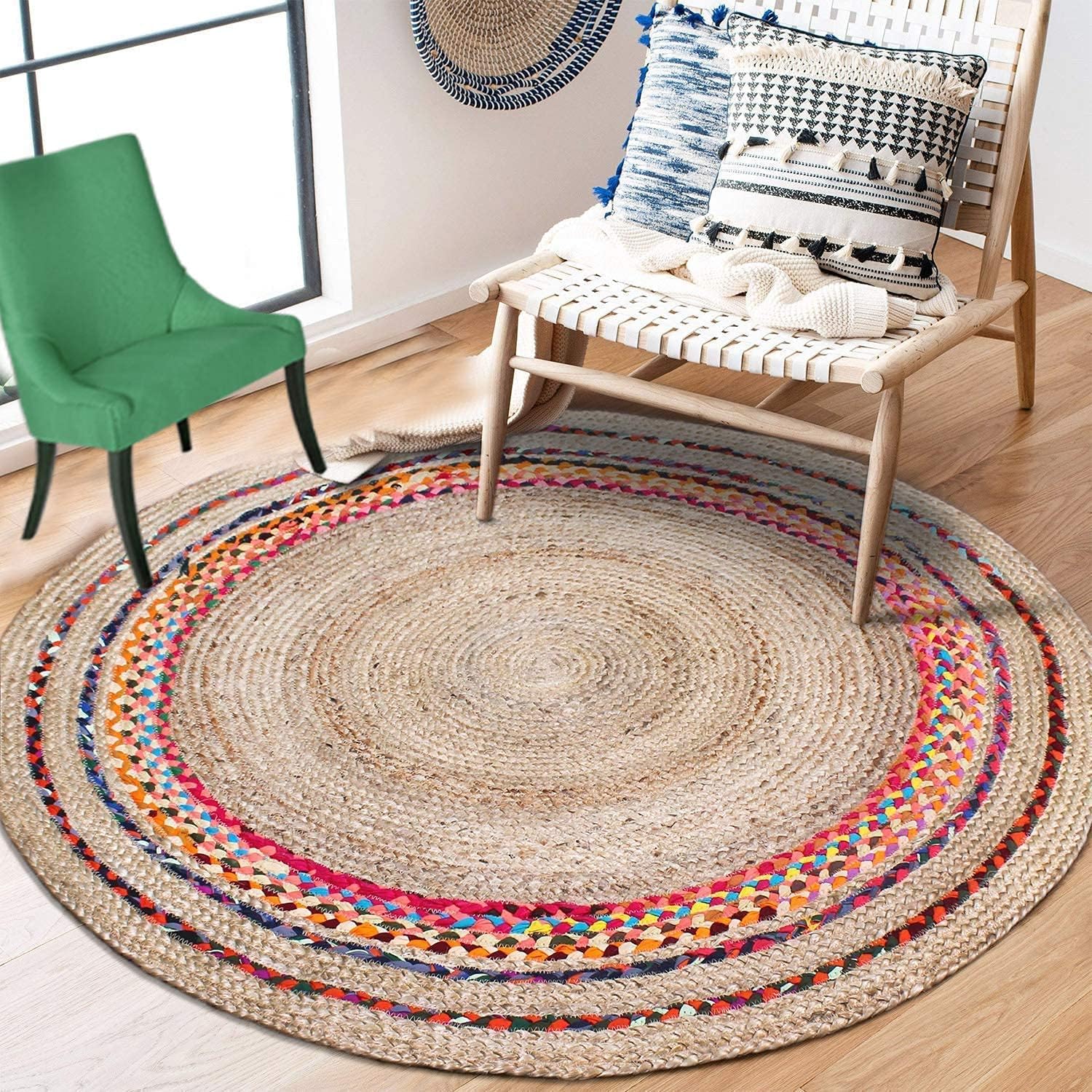 Handmade Braided Natural Jute with Denim Jute Line Round Rug (8' Round)
