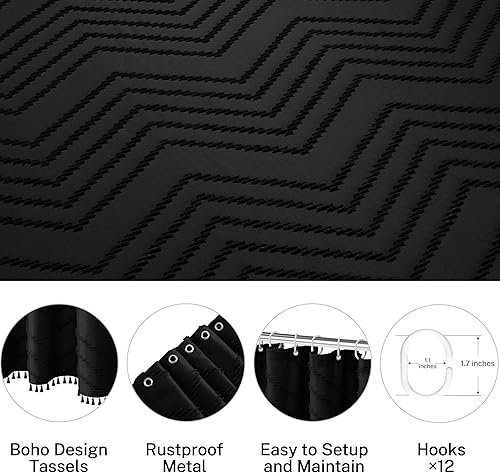 Miniatura 5 de Siiluminisoy Cortina de ducha bohemia de tela tejida con borlas blancas, de 60 x 72 pulgadas, diseño de cheurón copetudo, a rayas, texturizada,