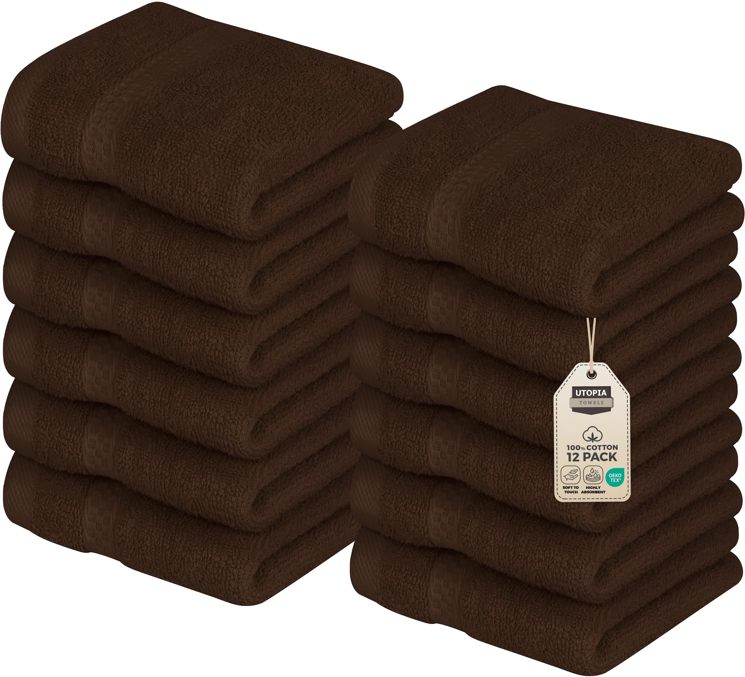 Utopia Towels Premium Fingertip Towel Set (12 x 12 Inches, Dark Brown) 600 GSM 100% Cotton Washcloths & Face Cloth, Highly Absorbent and Soft Feel (12-Pack)