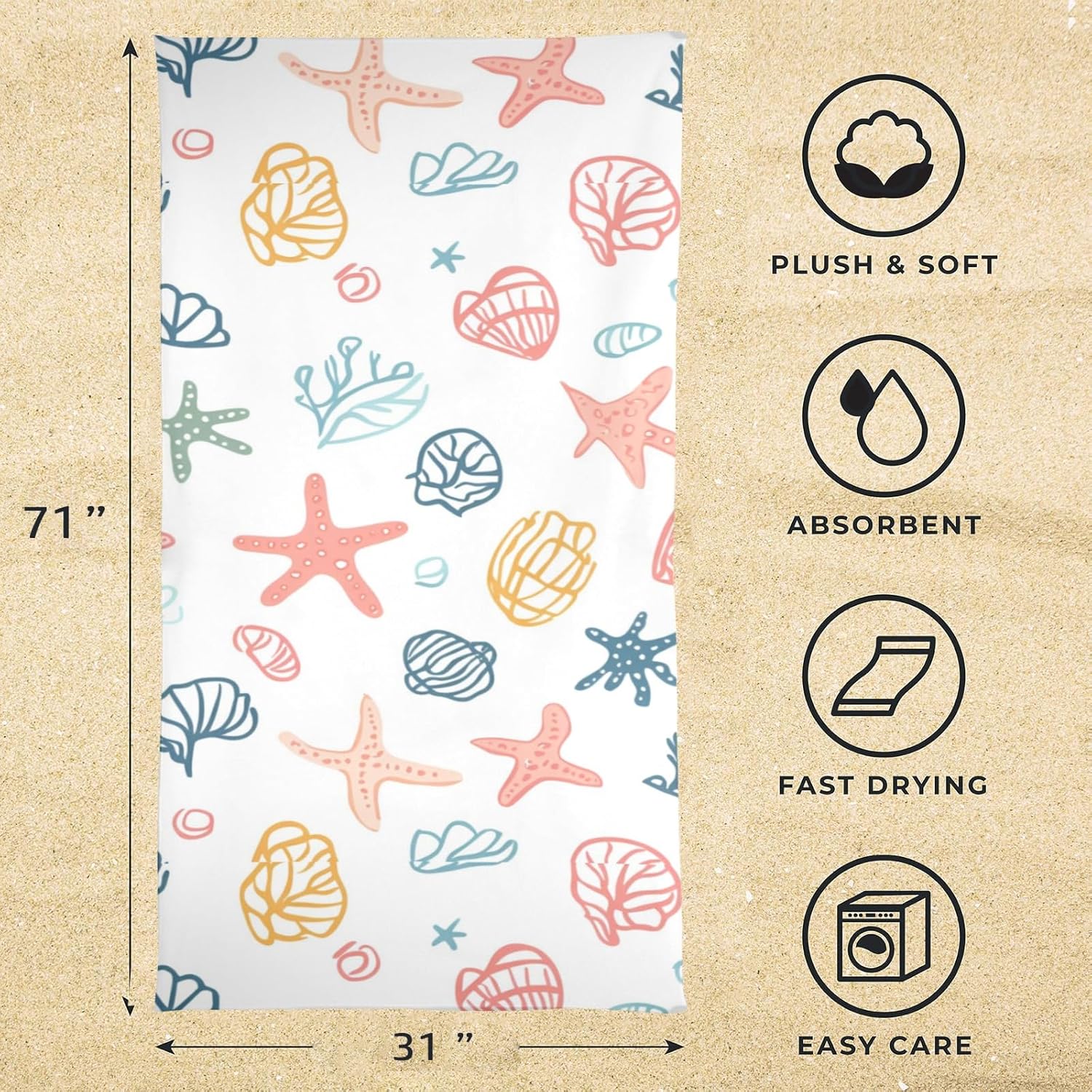 Oversized Microfiber Beach Towel,31 x 71 Inch,Conch Starfish Seaweed Pool Towel Lightweight, Quick Dry, Absorbent & Sand Proof, Soft Travel Bath Swim Camping Towels for Women Men