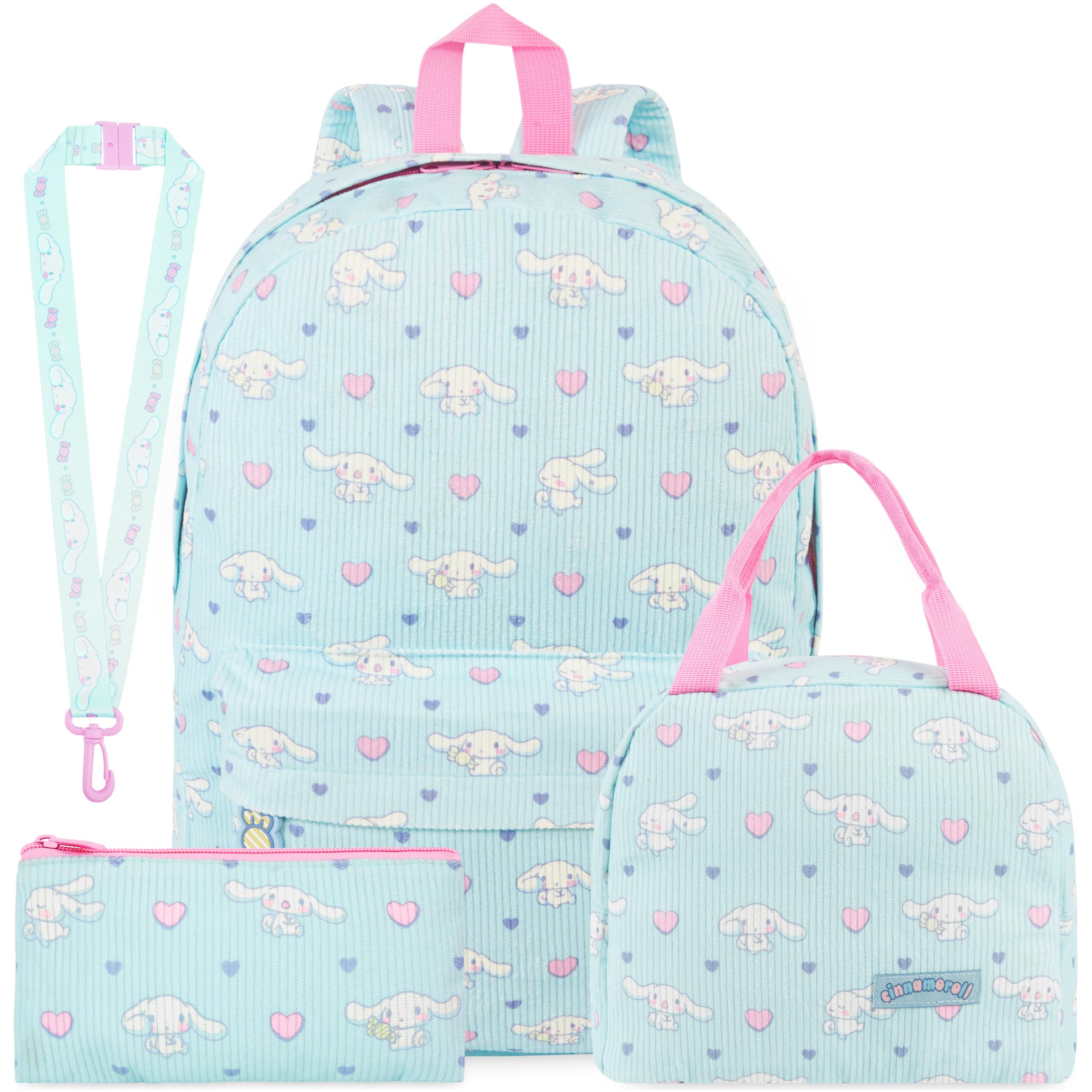 Get Trend Hello Kitty Cinnamoroll Sac a Dos Fille, 4 Pcs Cartable, Sac Isotherme Repas, Trousse Scolaire et Lanyard (Bleu/Rose Cinnamoroll)