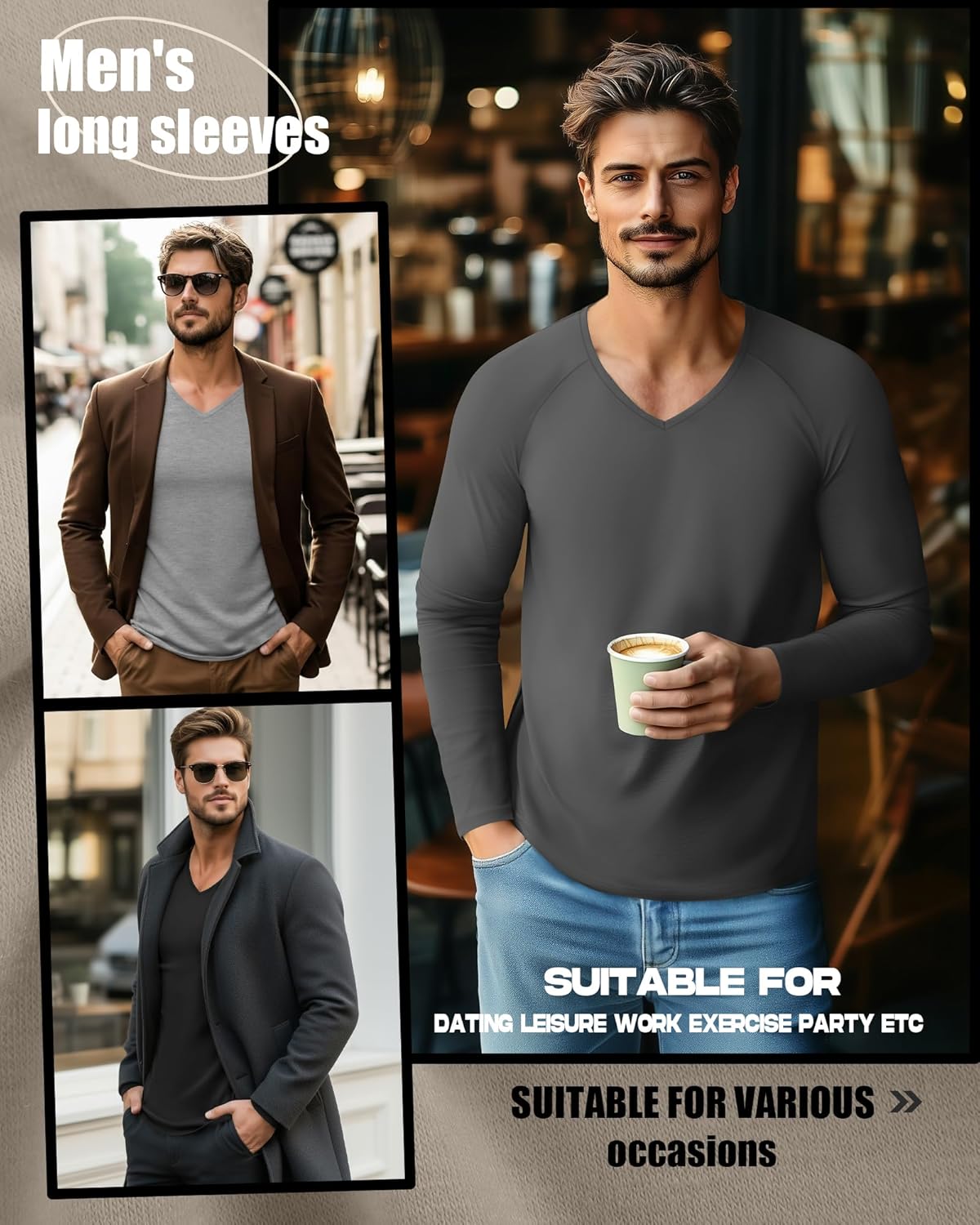 4 Pcs Mens Long Sleeve V Neck Shirts Raglan Sleeve Curved Hem Tees Lightweight Casual Basic Workout T Shirts - Image 5